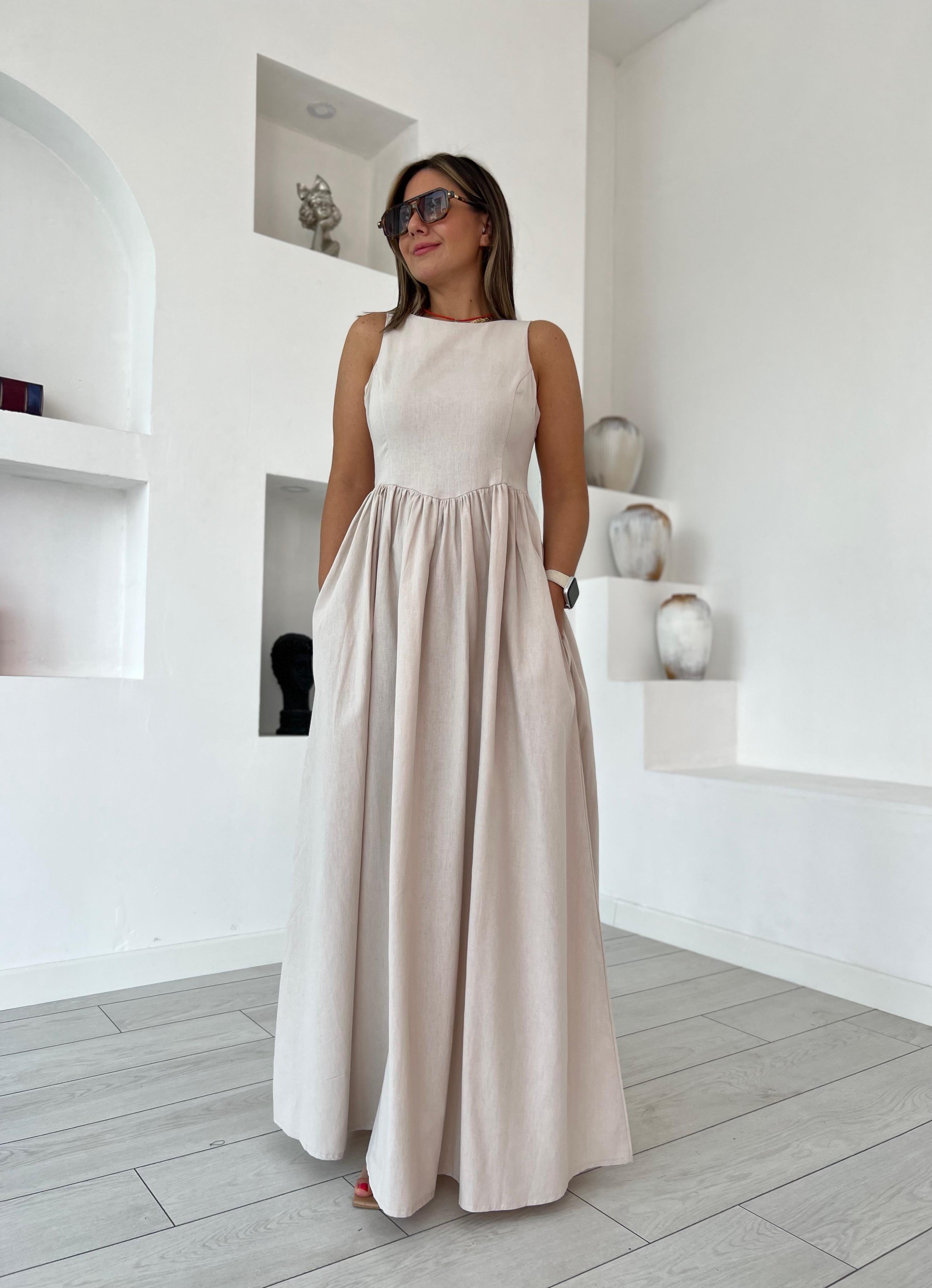 Halter Yaka Keten Bej Elbise 