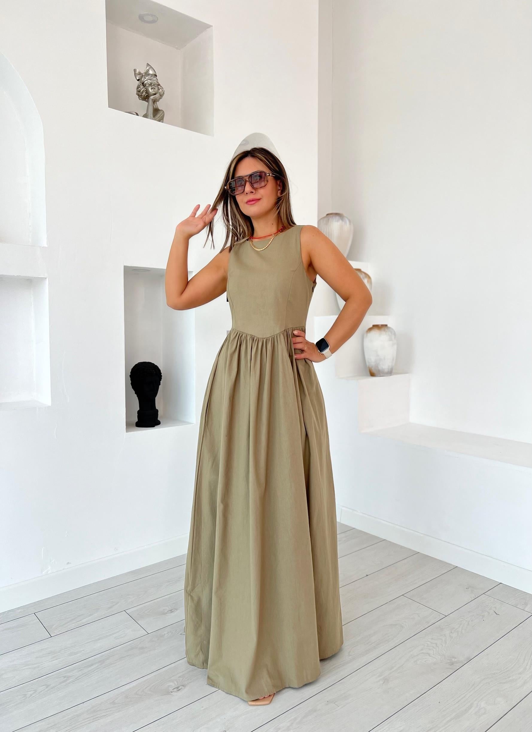 Halter Yaka Keten Haki Elbise 