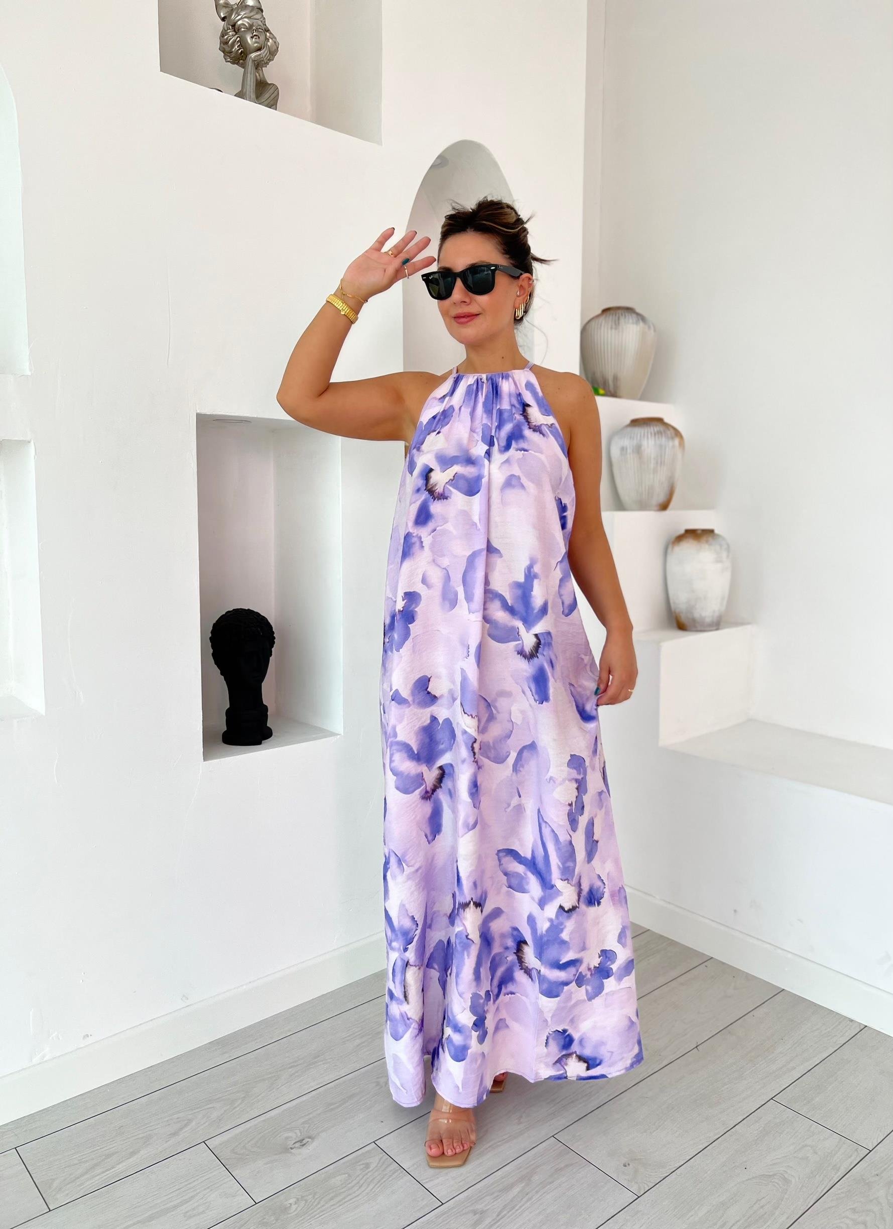 Halter Yaka Mor Desenli Elbise 