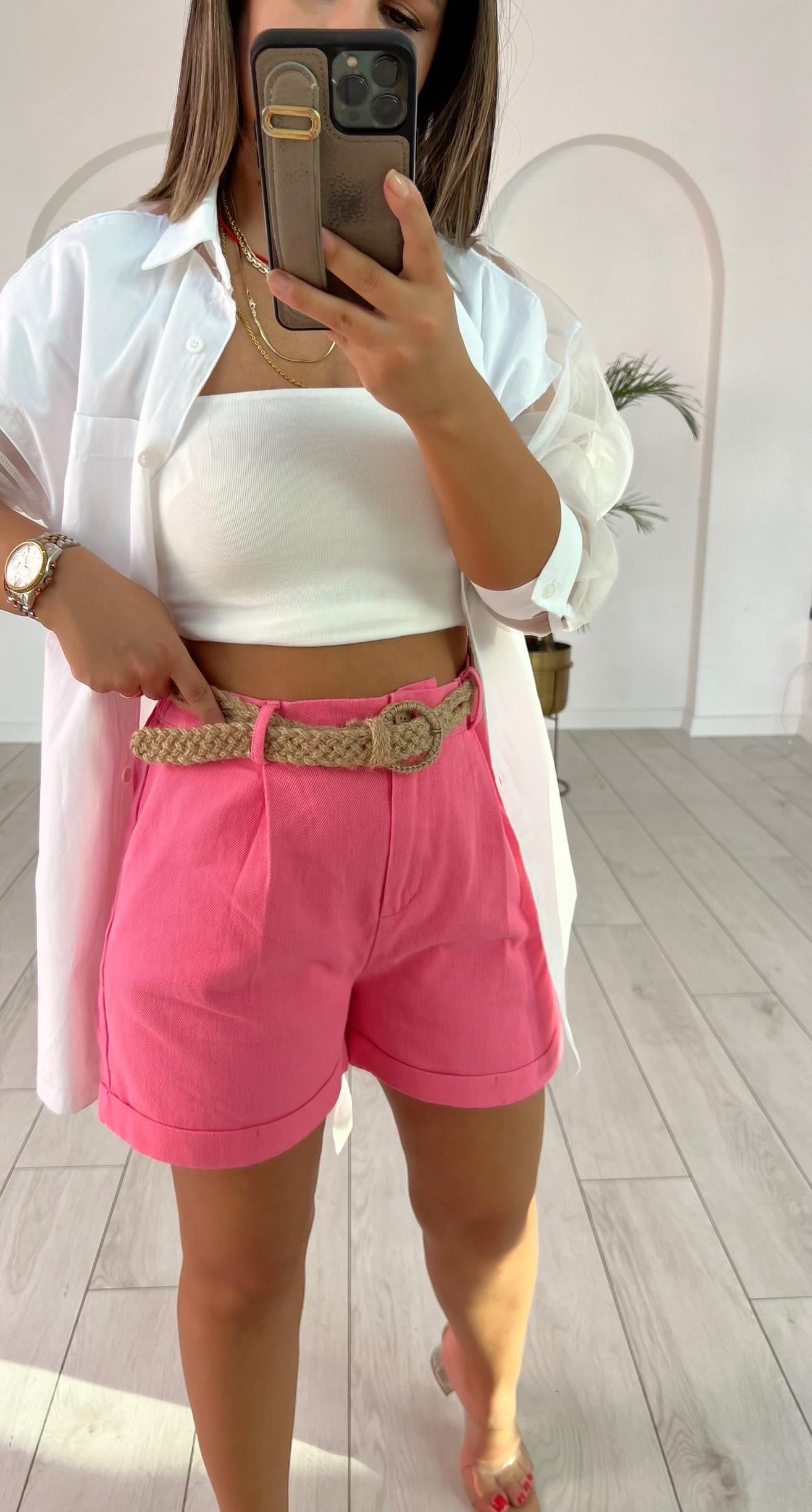 Hasır Kemerli Pembe Şort