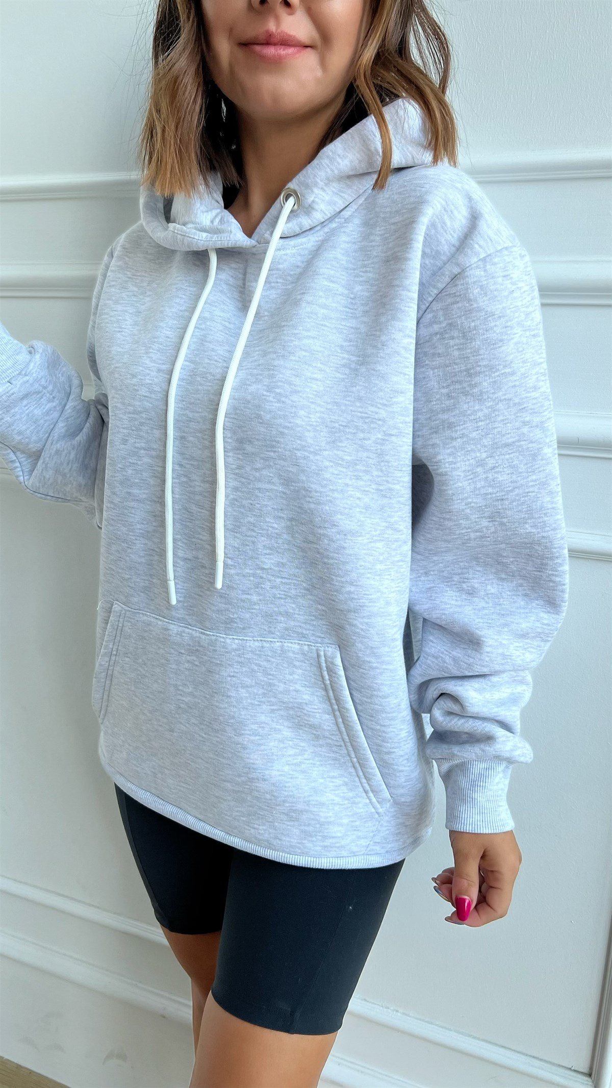 Kapişonlu Gri Şardonlu Sweat