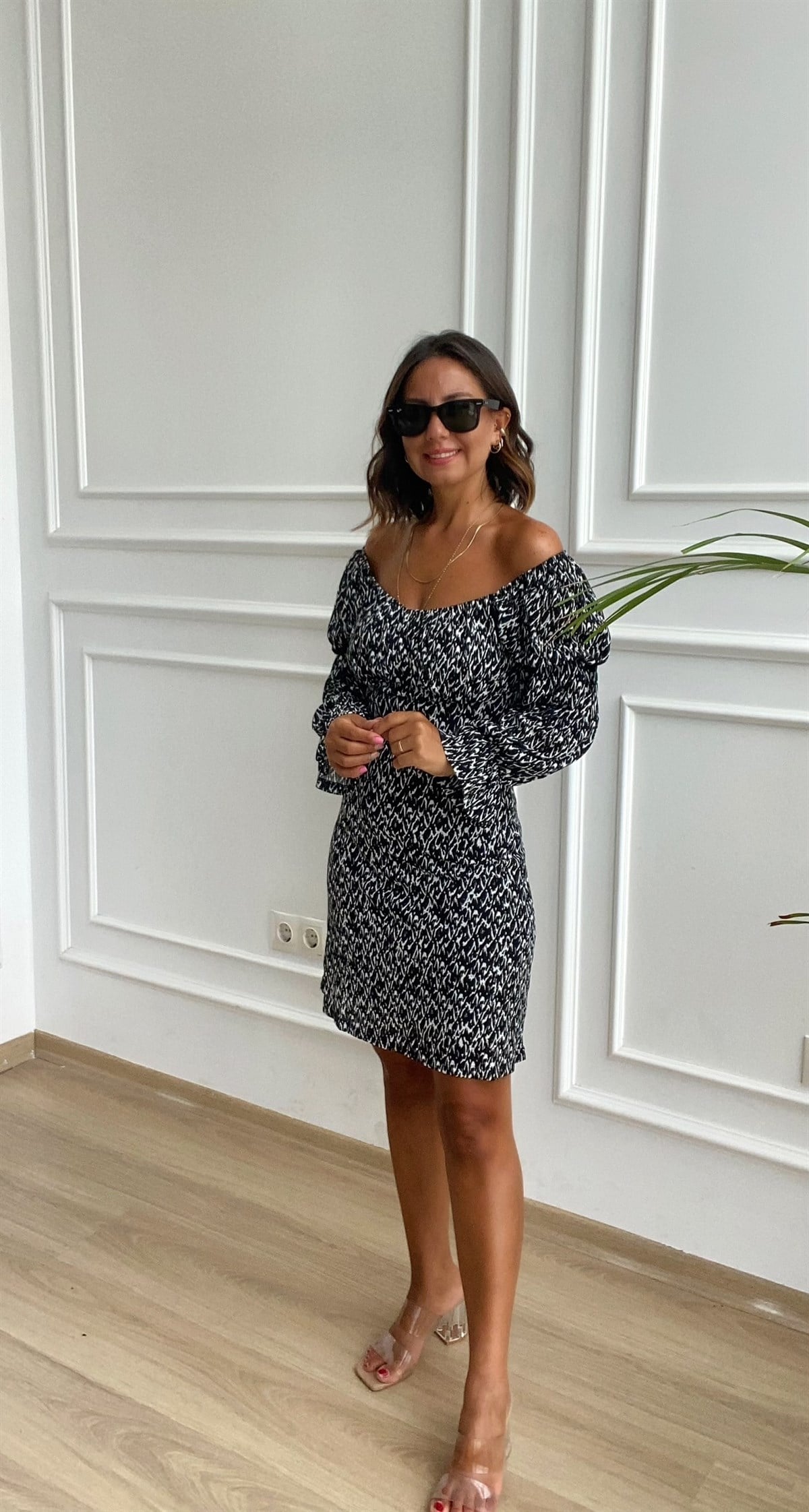 Kare Yaka Zebra Desen Elbise