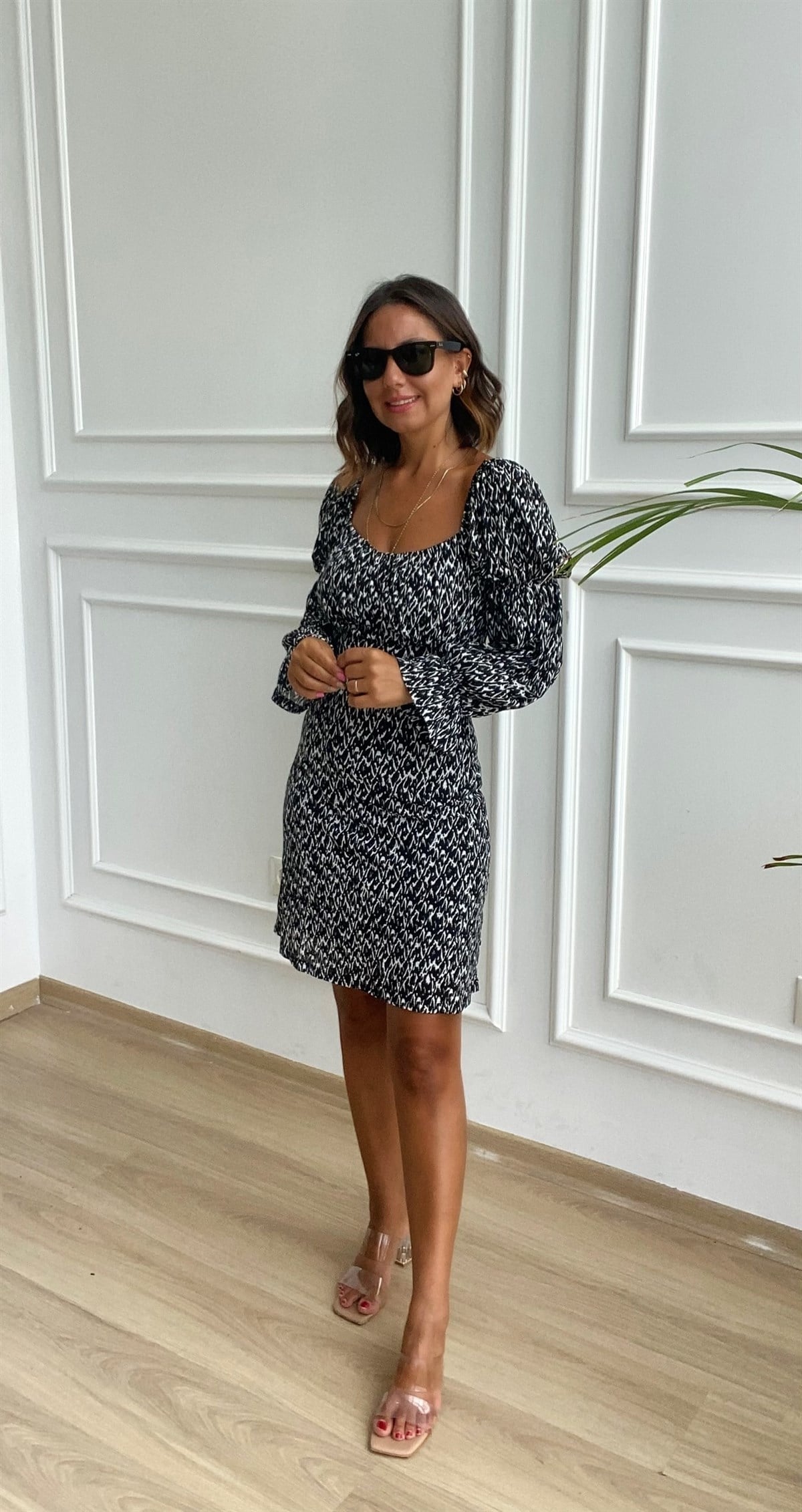 Kare Yaka Zebra Desen Elbise