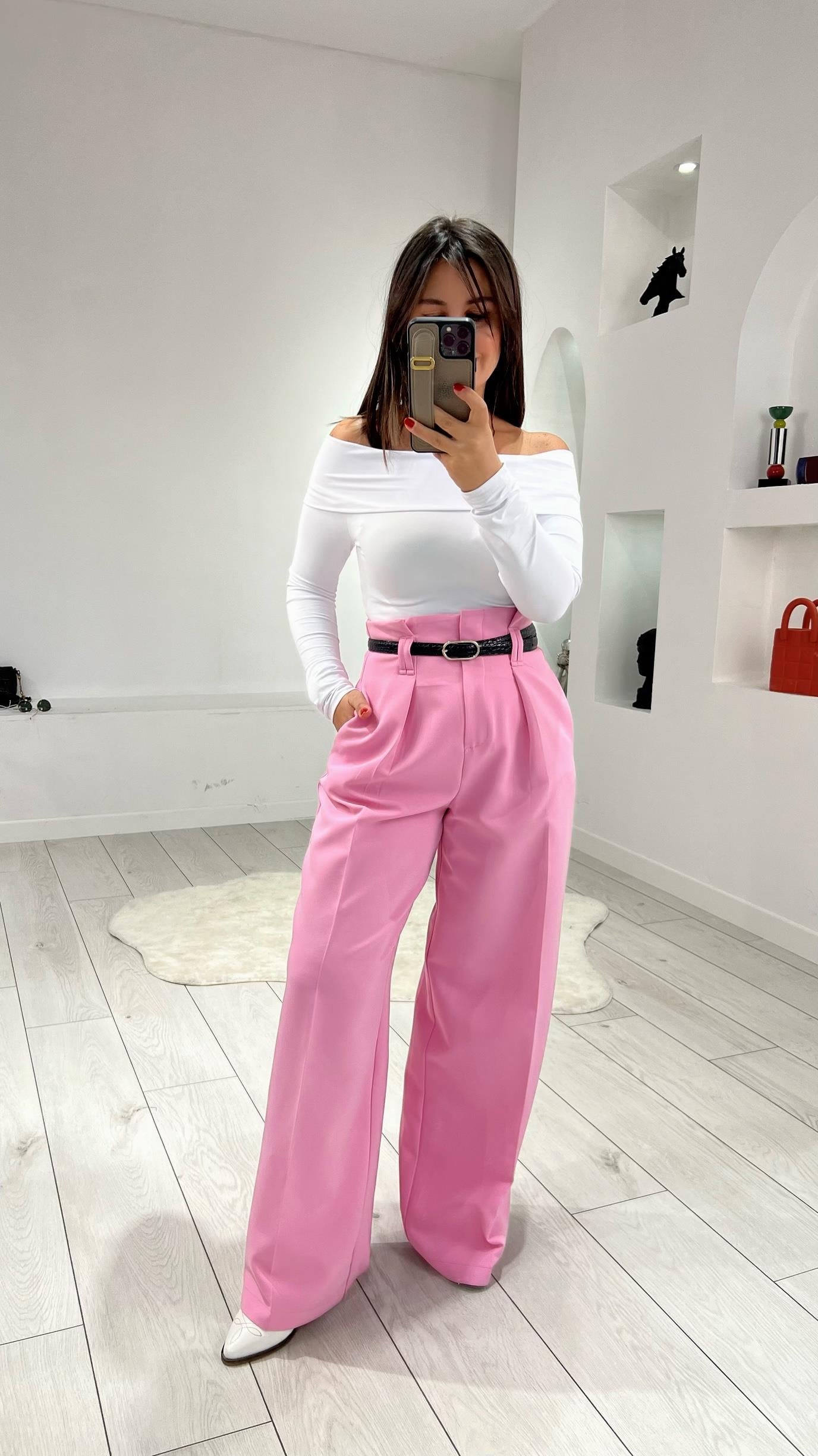 Kemerli Pensli Pembe  Pantolon