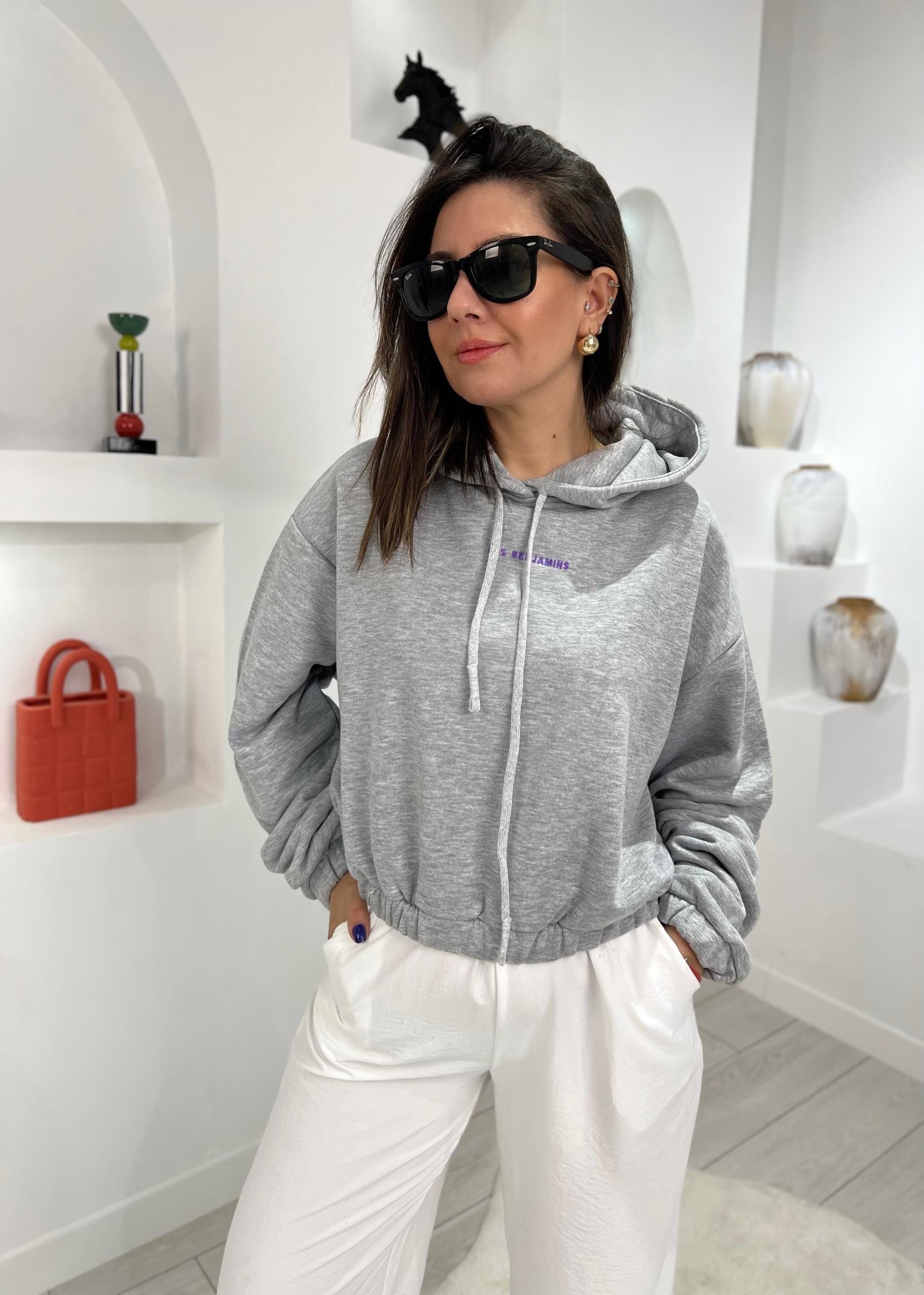 Kısa Gri Kapişonlu Sweat