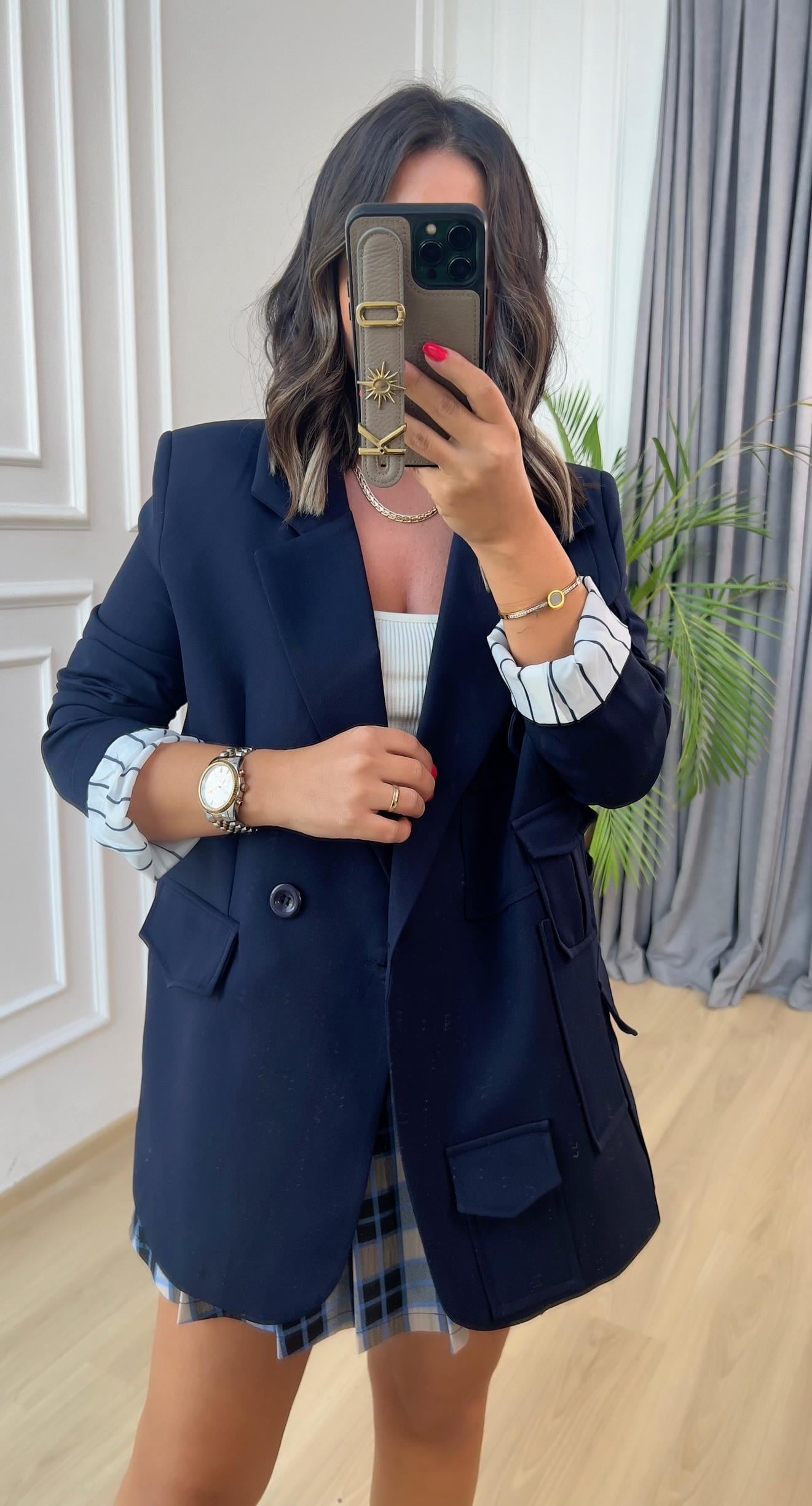 Lacivert Tasarım Cepli Blazer Ceket