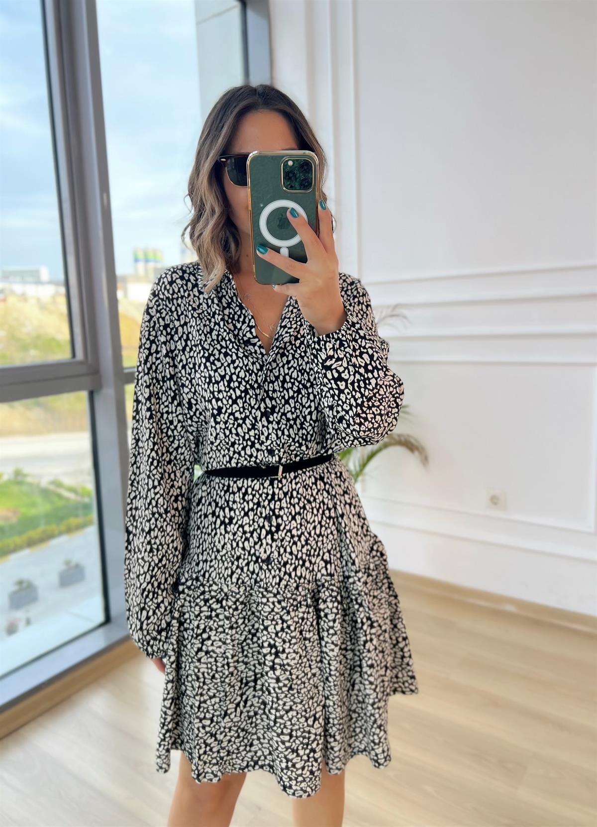 Leopar Desenli Gömlek Elbise