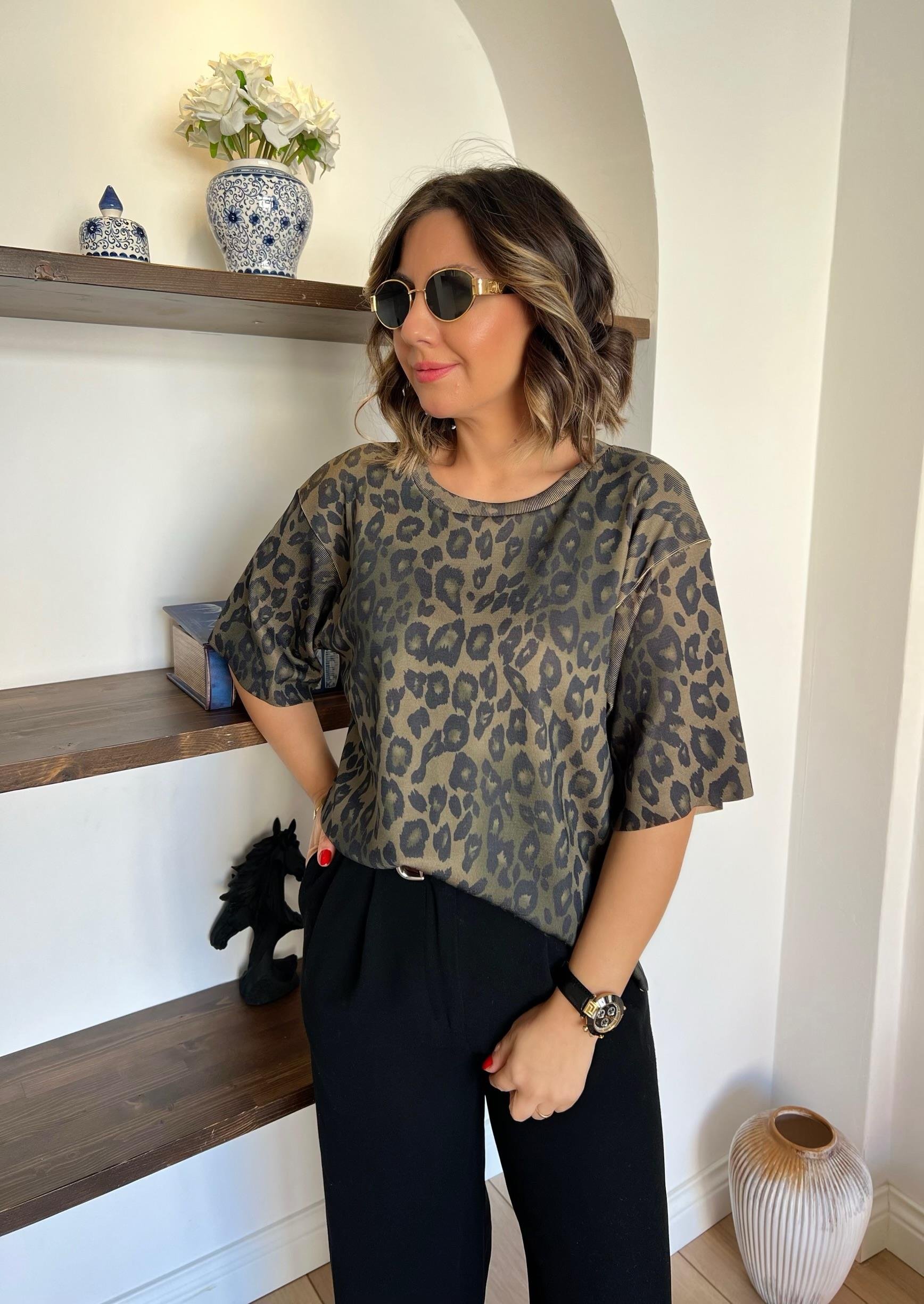 Leopar Desenli Haki Triko Bluz