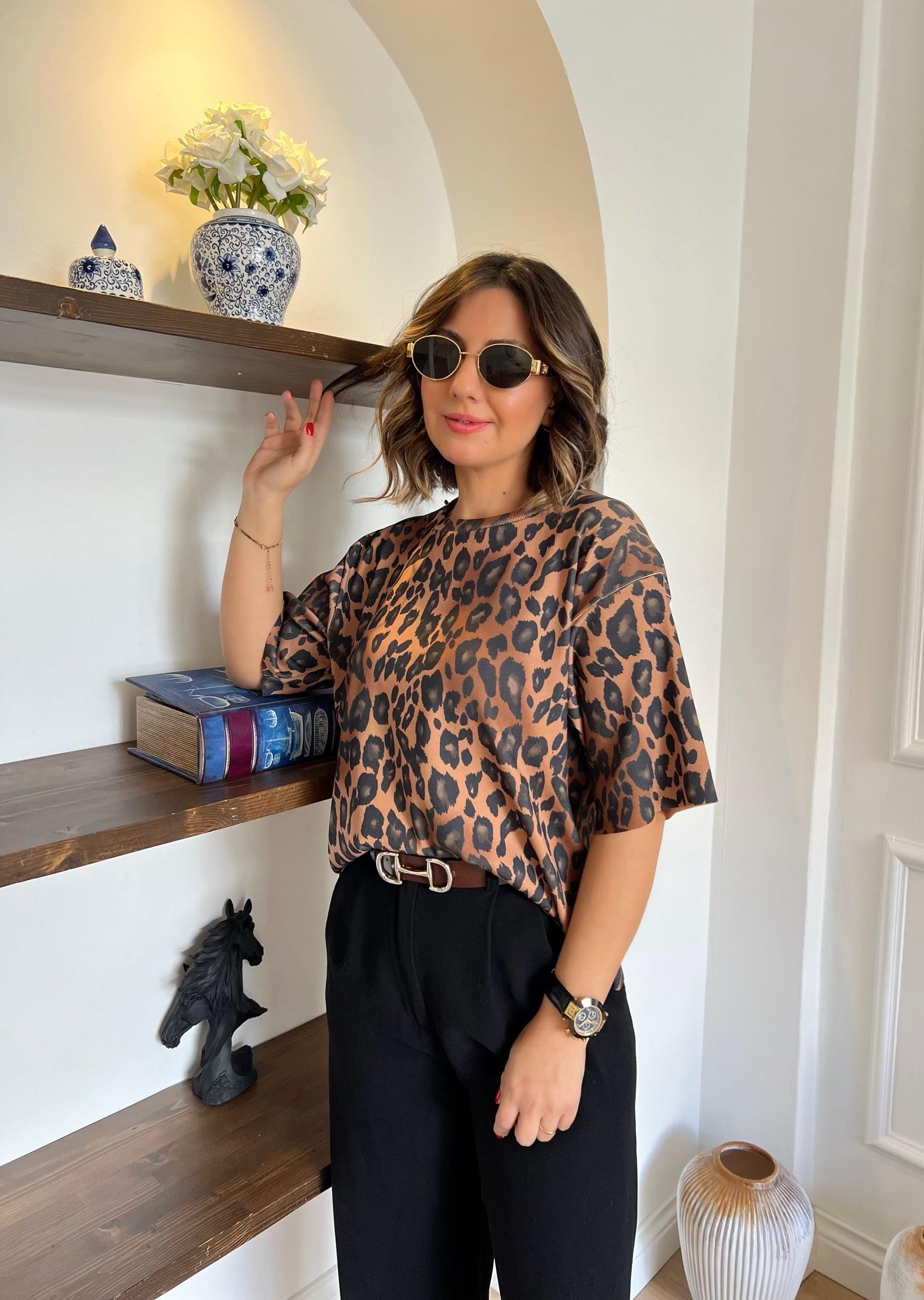 Leopar Desenli Triko Bluz