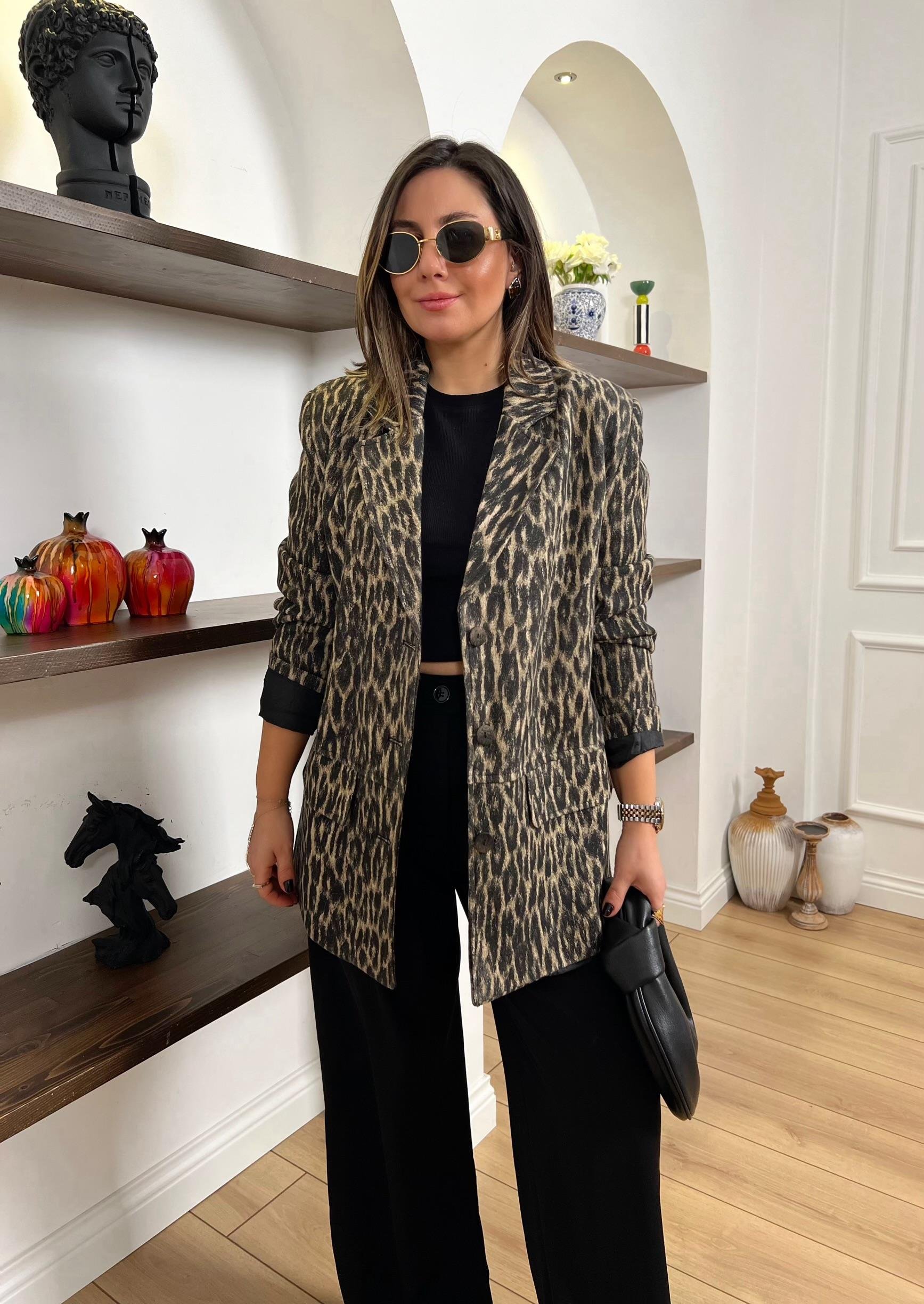 Leopar Desenlı Vatkalı Blazer Ceket