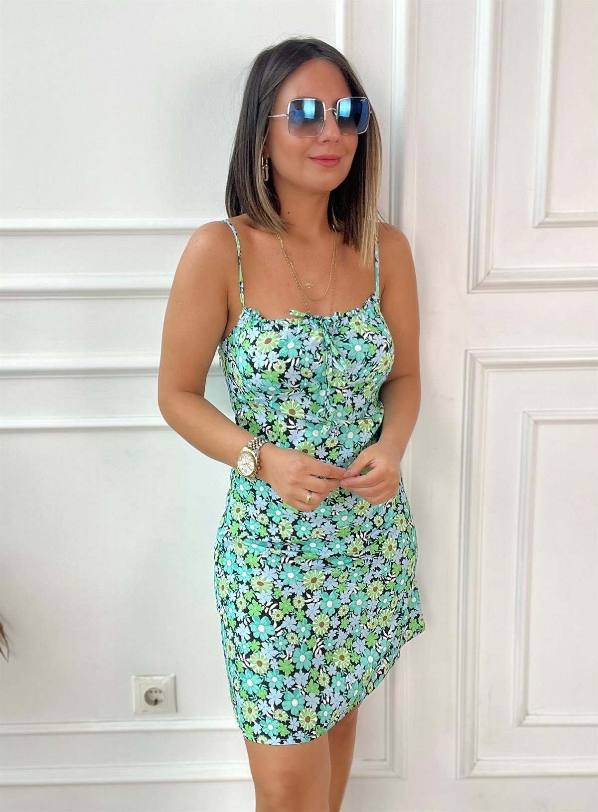Mavi Çiçekli İp Askılı Elbise