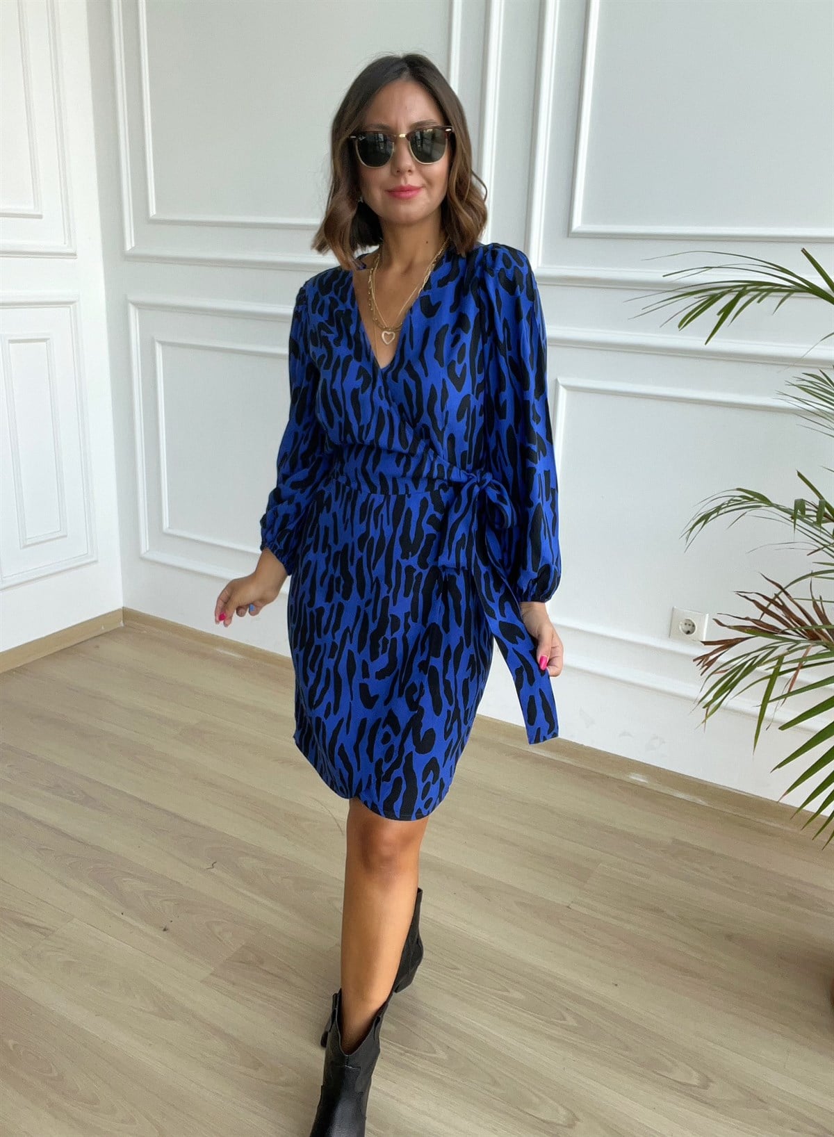 Mavi Leopar Desenli Elbise