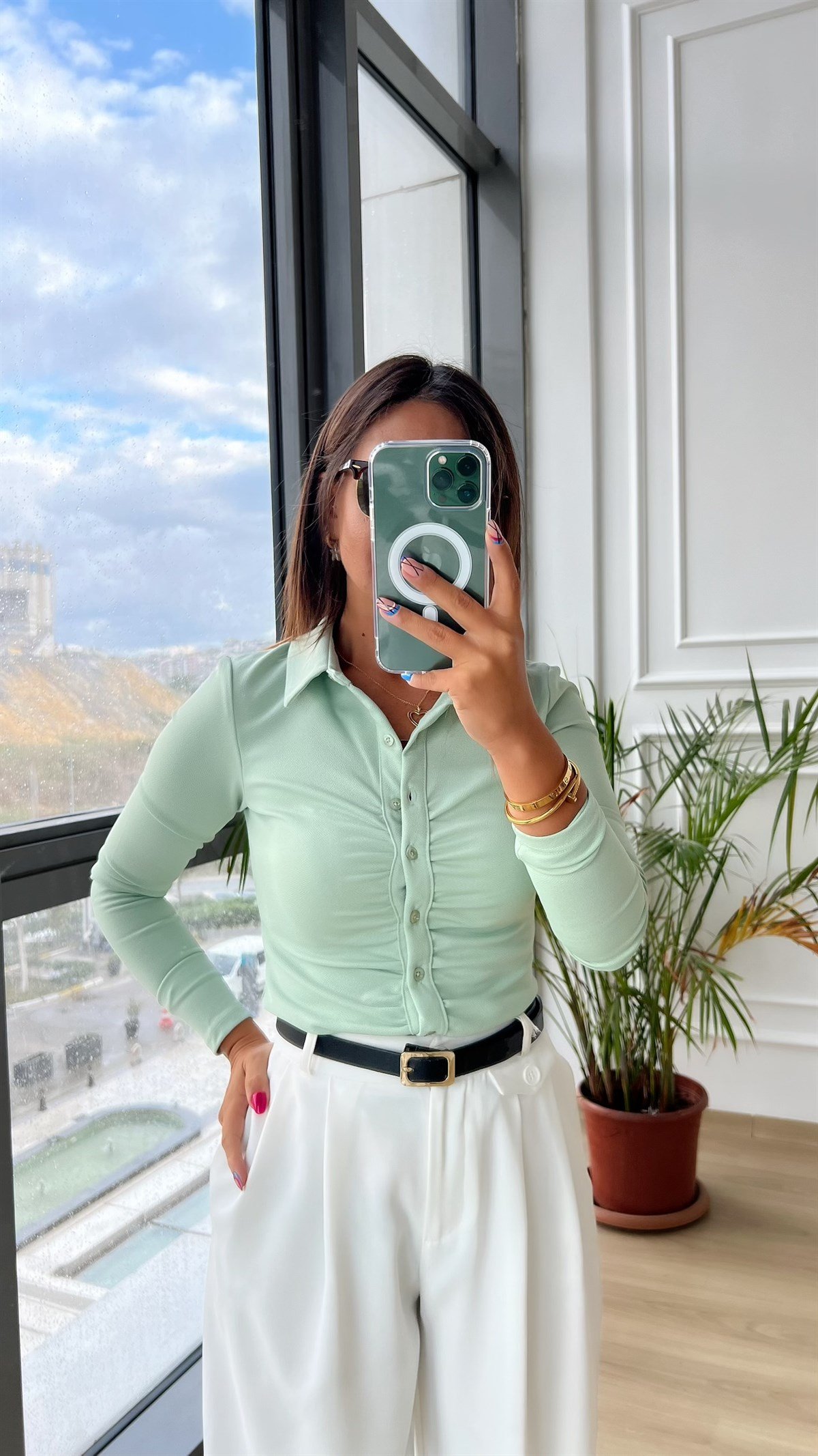 Mint Yeşili Drape Detaylı Gömlek
