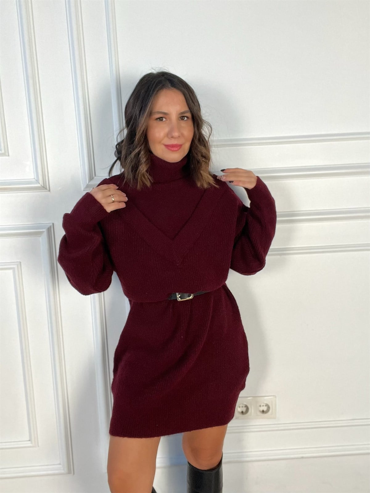 Mng Bordo Triko Elbise