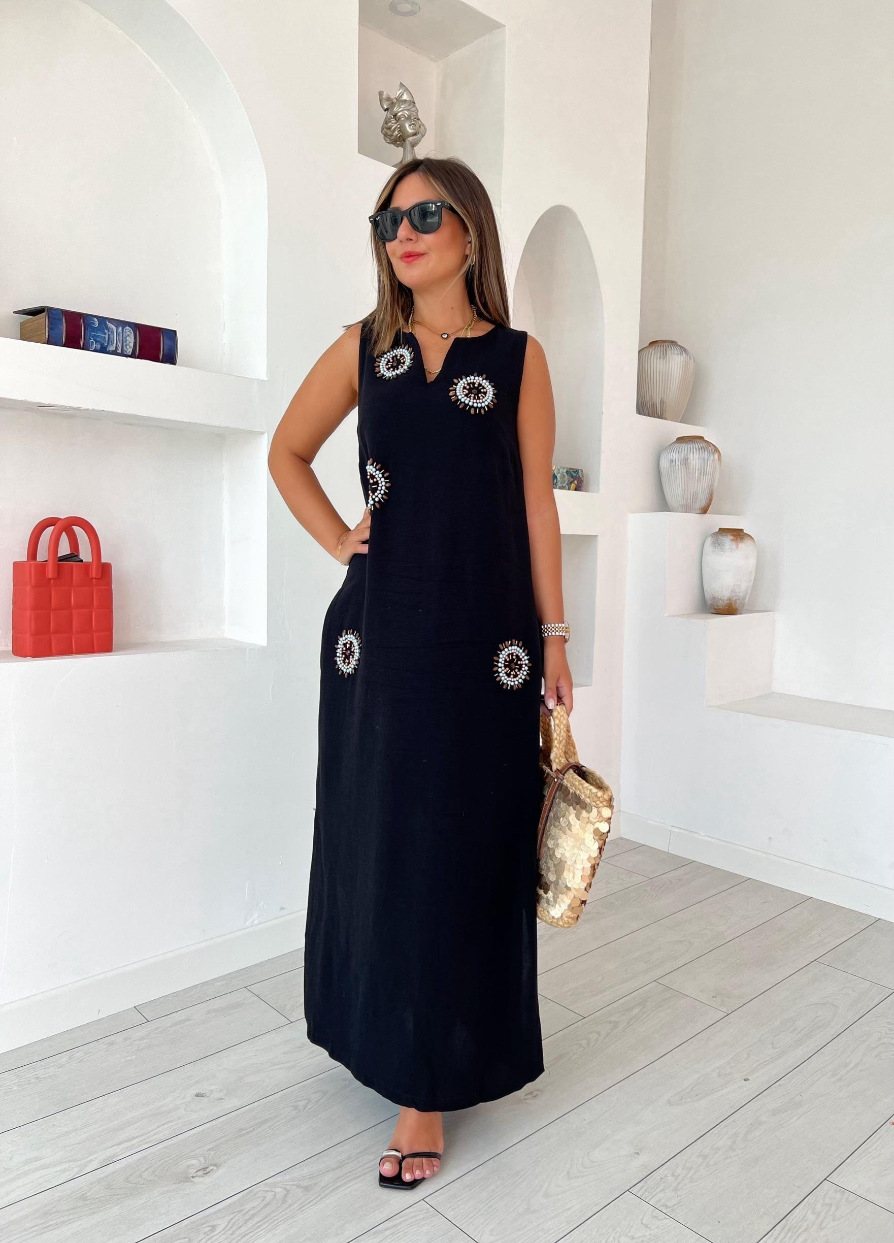 Ms Boncuk İşlemeli Keten Elbise 