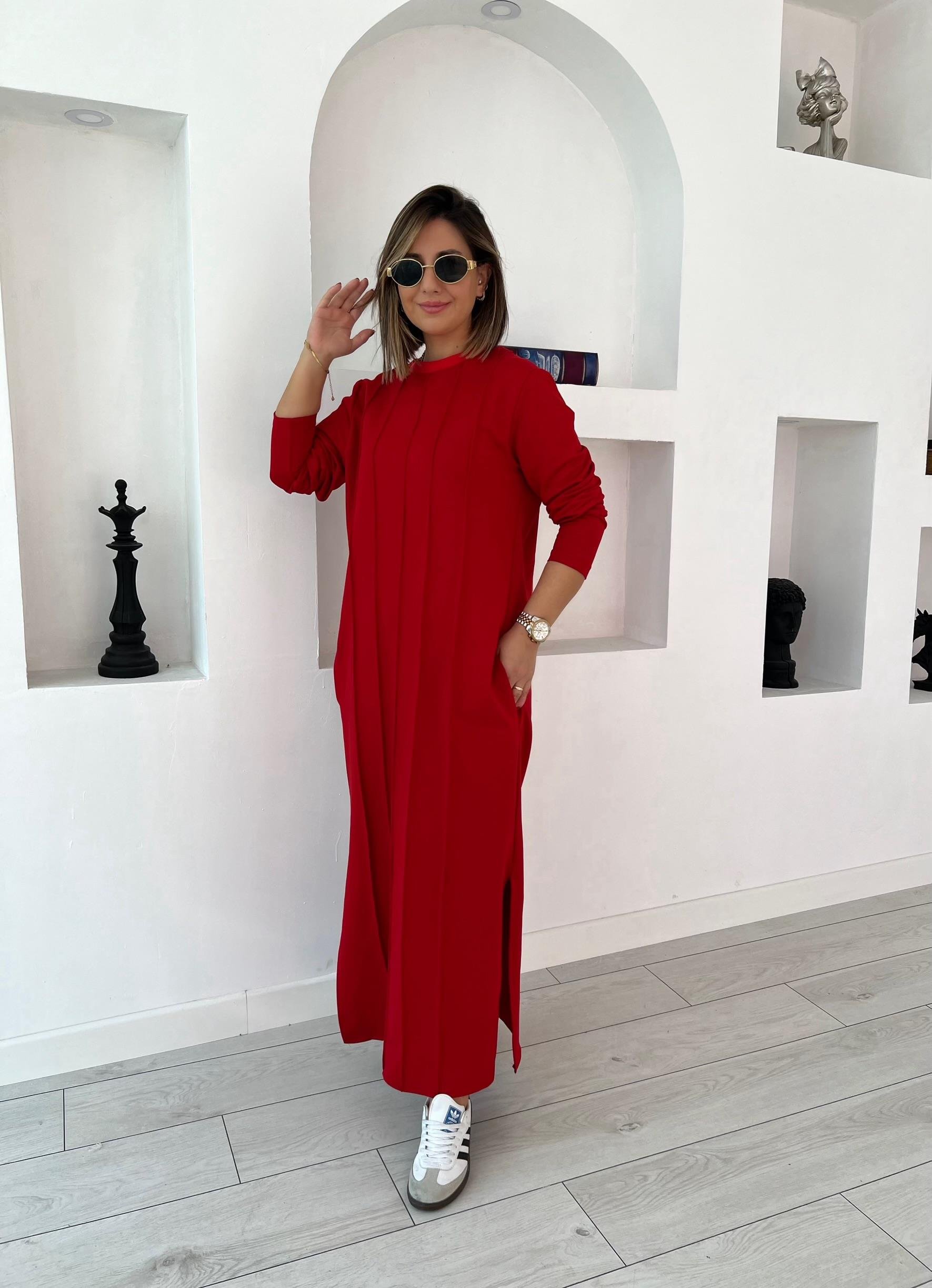 Ms Çimalı Uzun Kırmızı Elbise