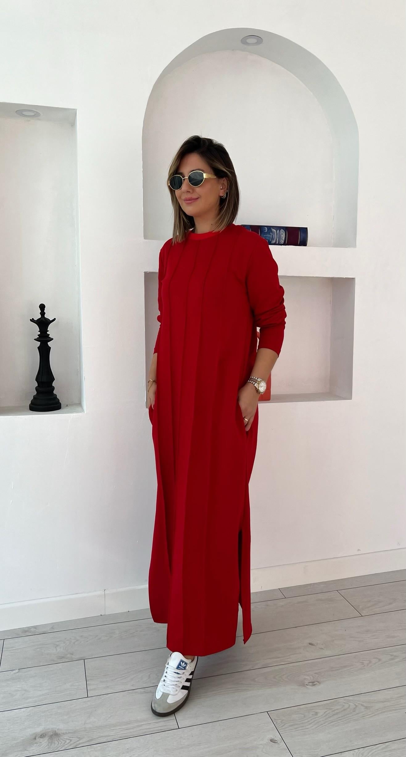 Ms Çimalı Uzun Kırmızı Elbise
