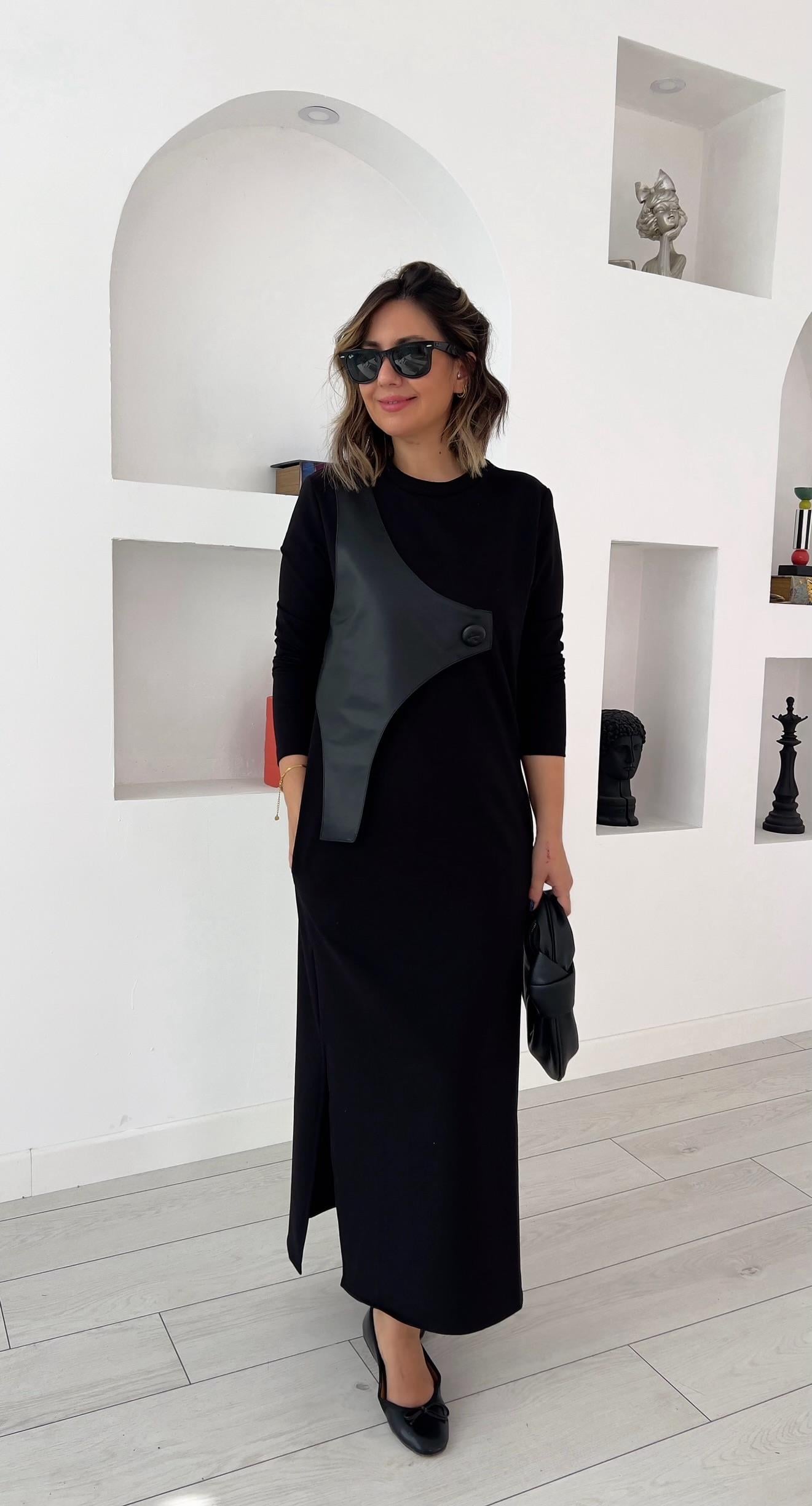 Ms Deri Detaylı Siyah Elbise
