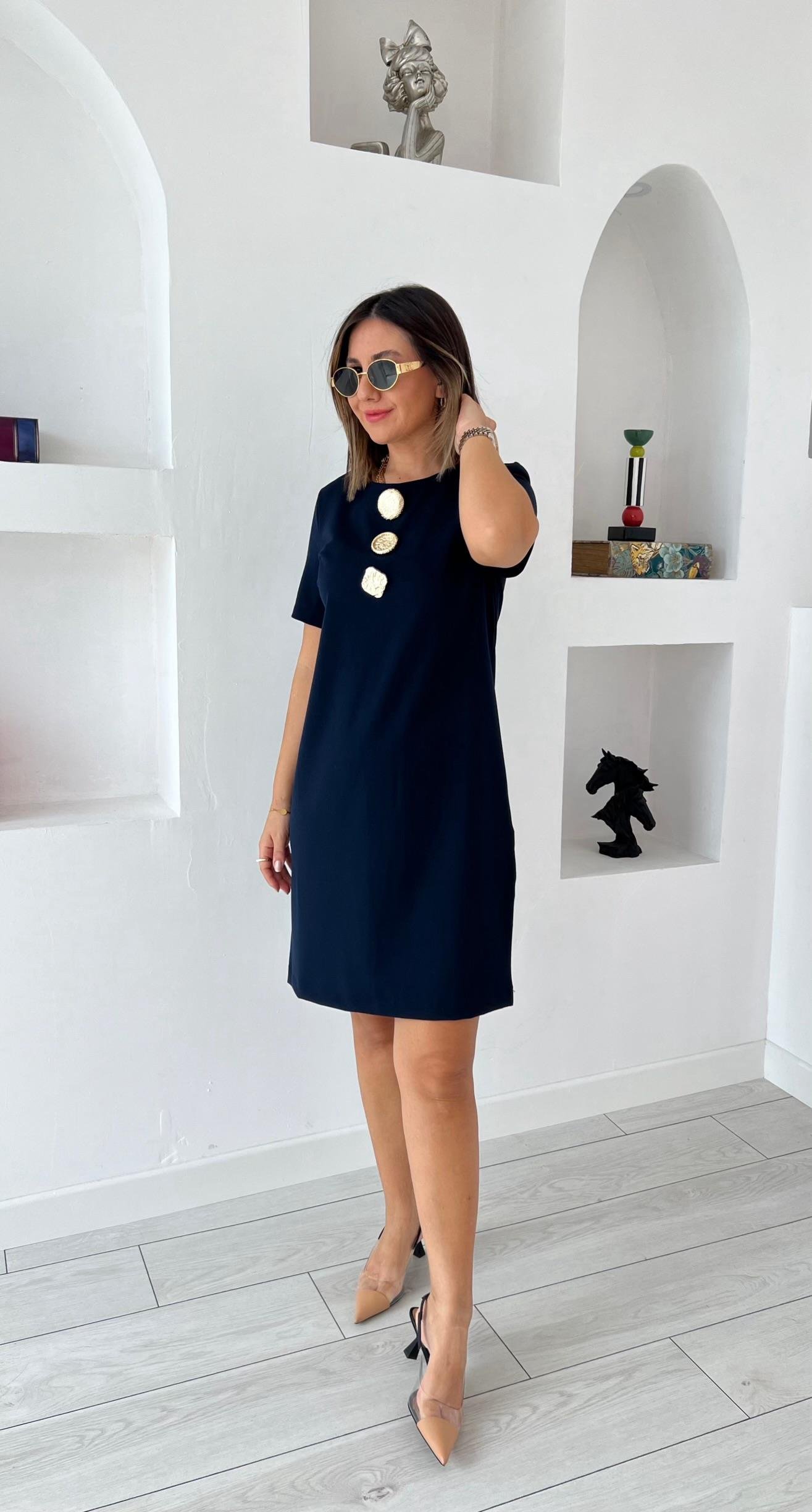 Ms Gold Düğmeli Lacivert Elbise