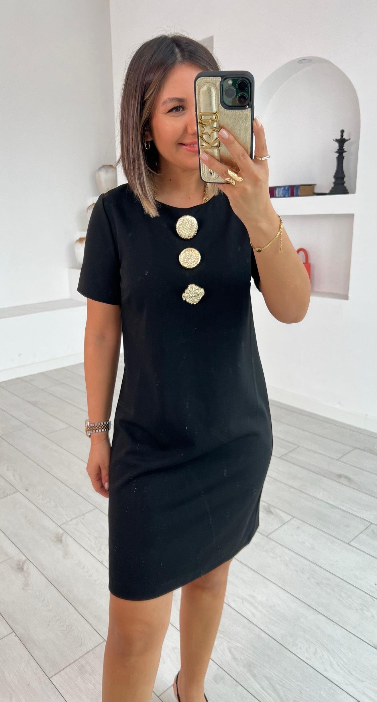 Ms Gold Düğmeli Siyah Elbise
