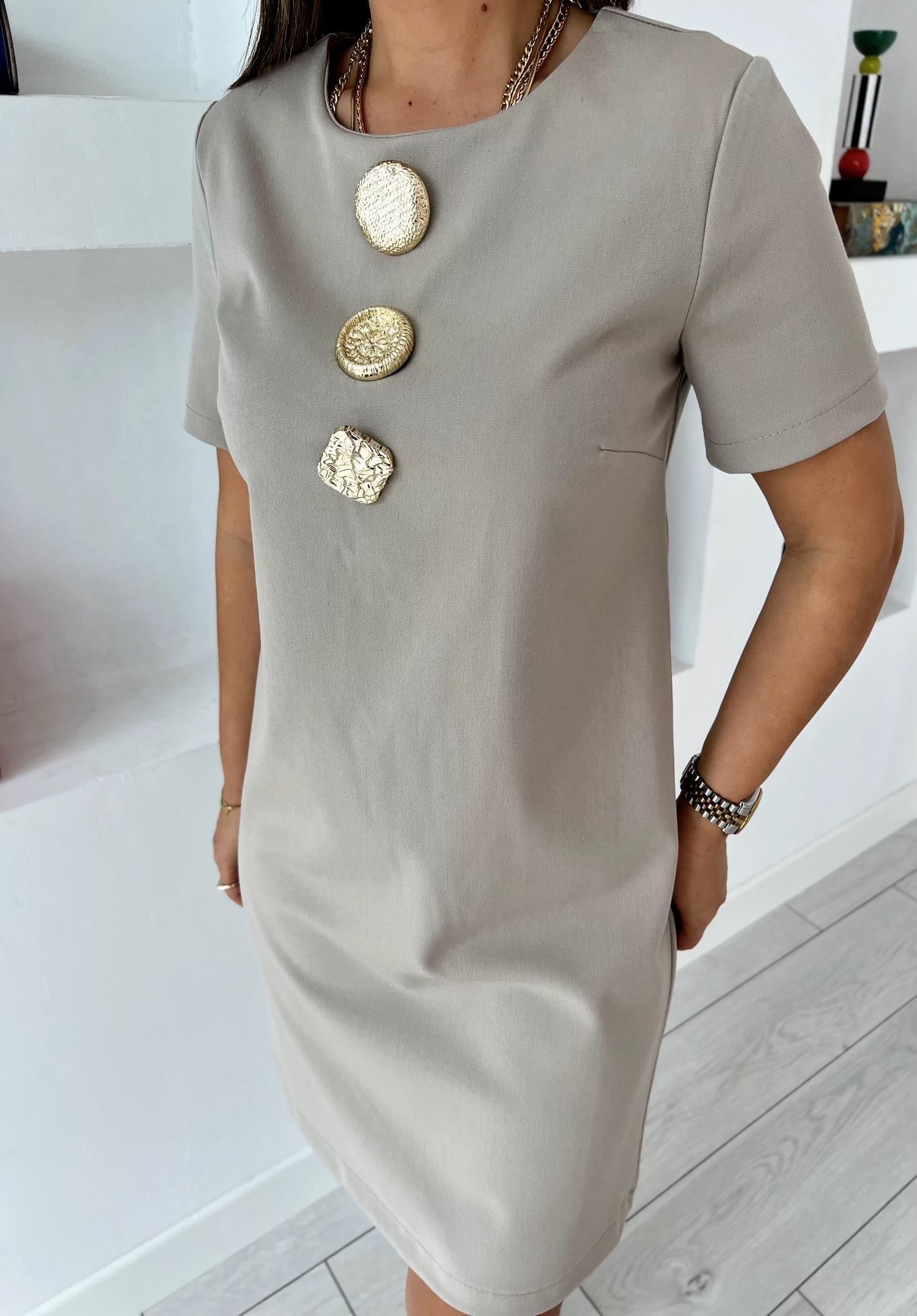 Ms Gold Düğmeli Taş Elbise