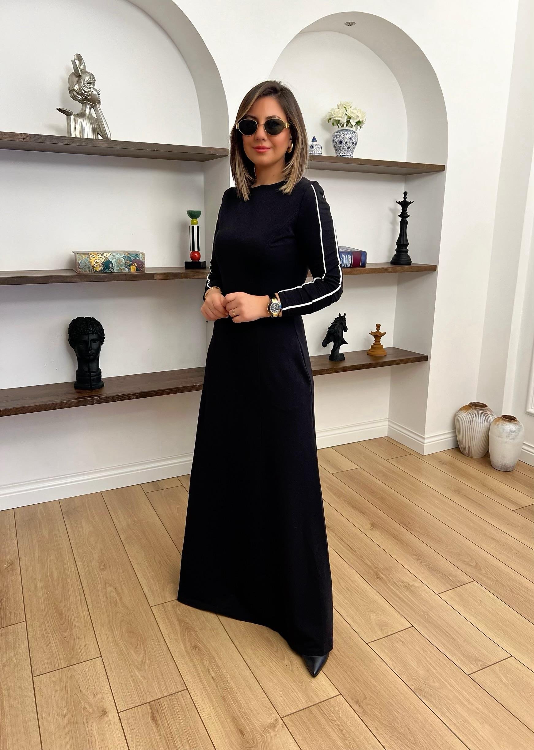 Ms Kolları Şerit Detaylı Siyah Elbise