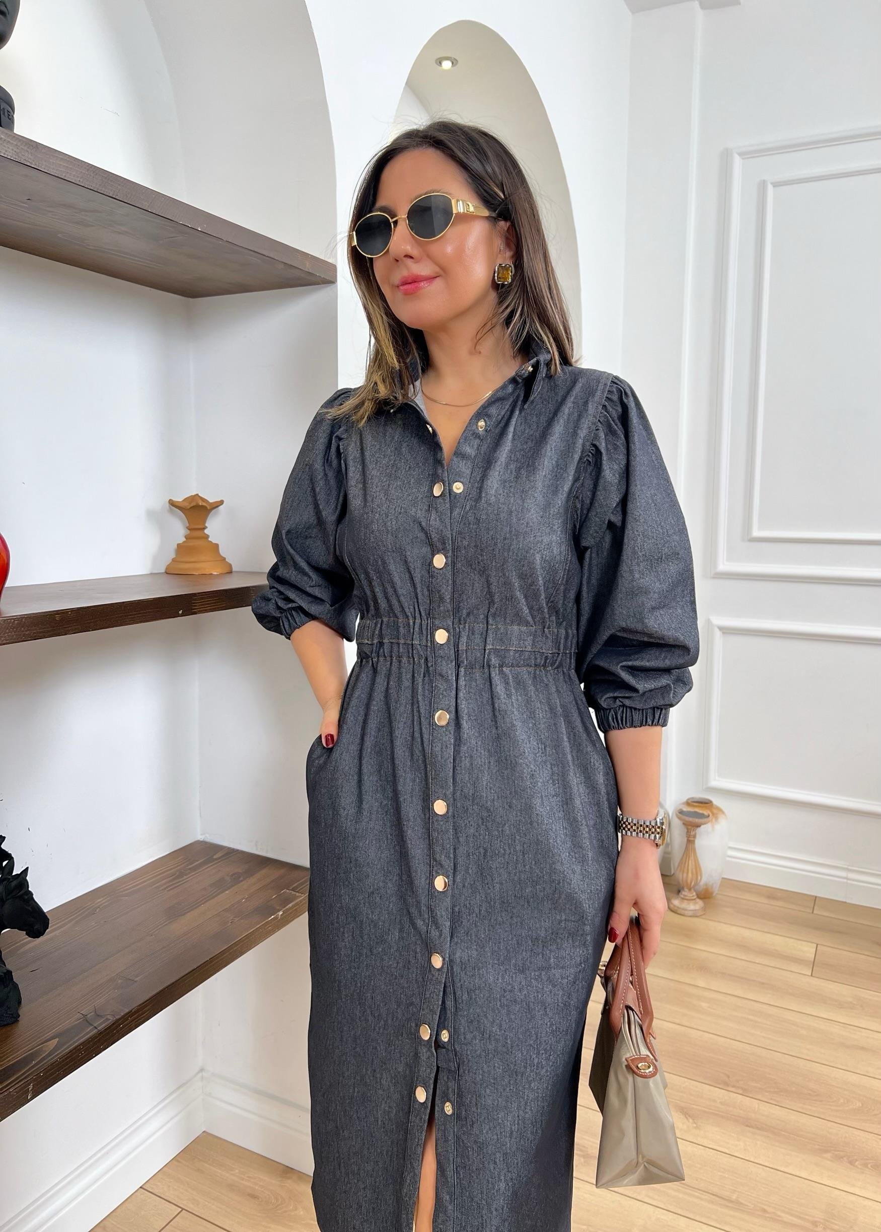 Ms Önü Çıtçıtlı Lacivert Denim Elbise