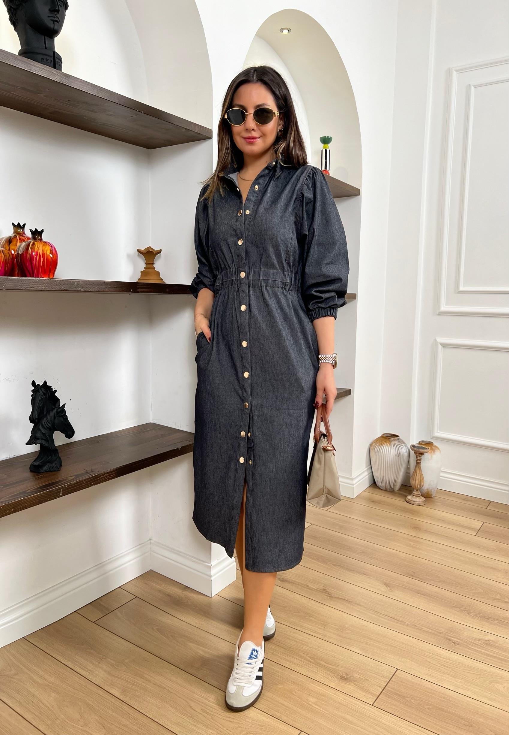 Ms Önü Çıtçıtlı Lacivert Denim Elbise