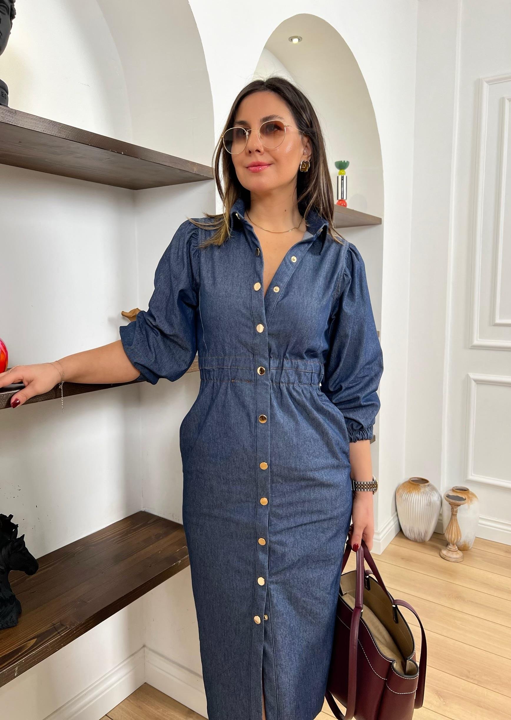Ms Önü Çıtçıtlı Mavi Denim Elbise