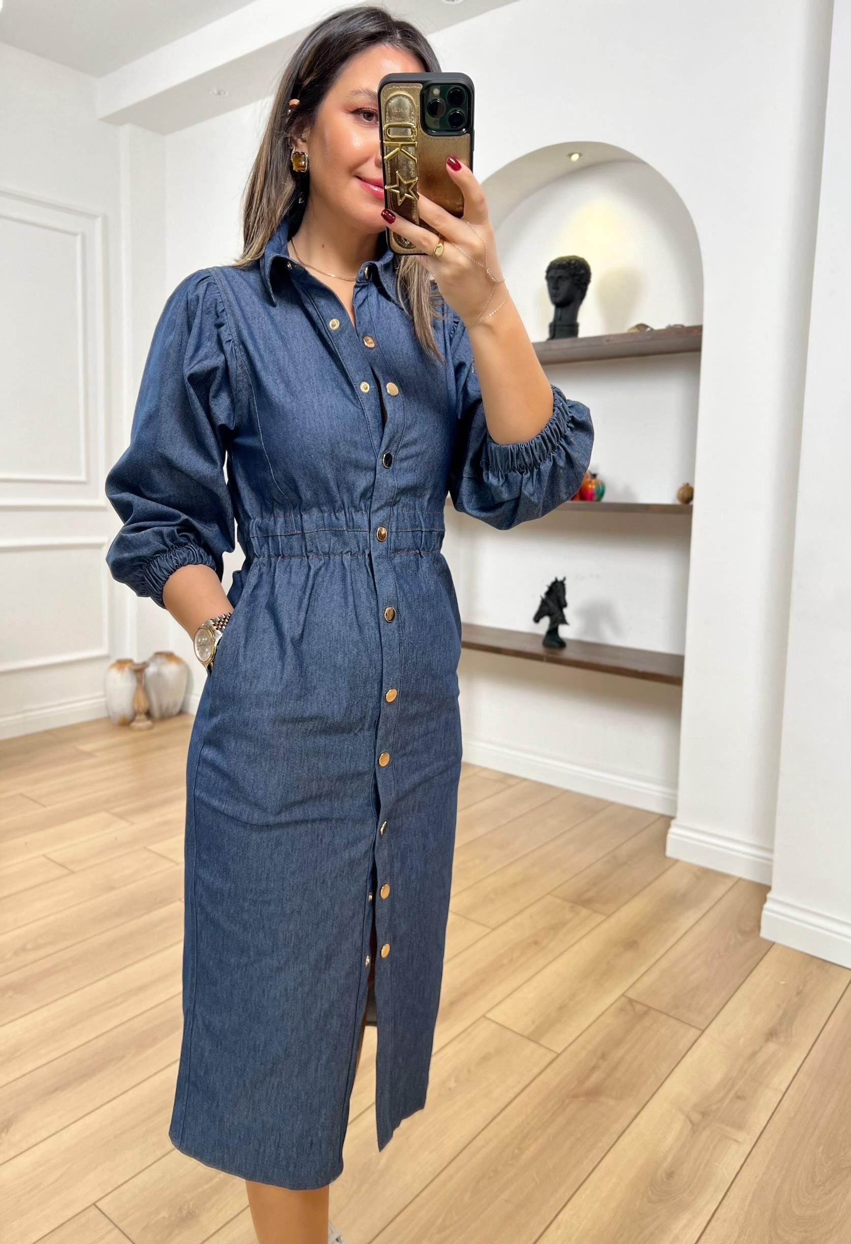 Ms Önü Çıtçıtlı Mavi Denim Elbise