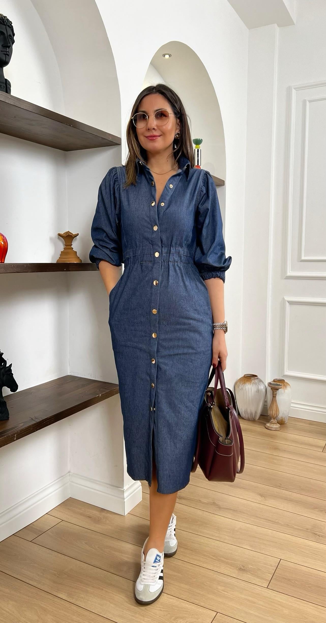Ms Önü Çıtçıtlı Mavi Denim Elbise