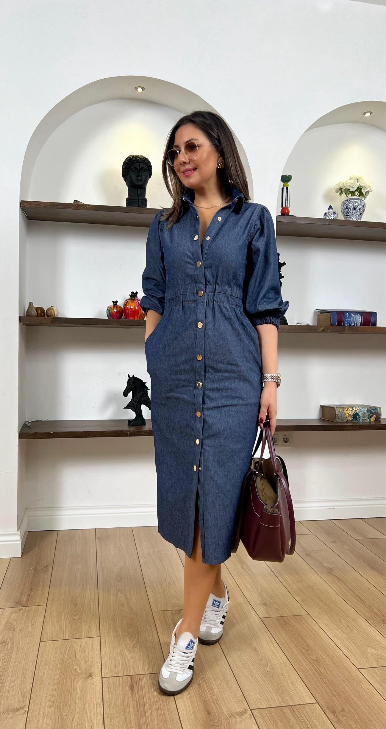 Ms Önü Çıtçıtlı Mavi Denim Elbise