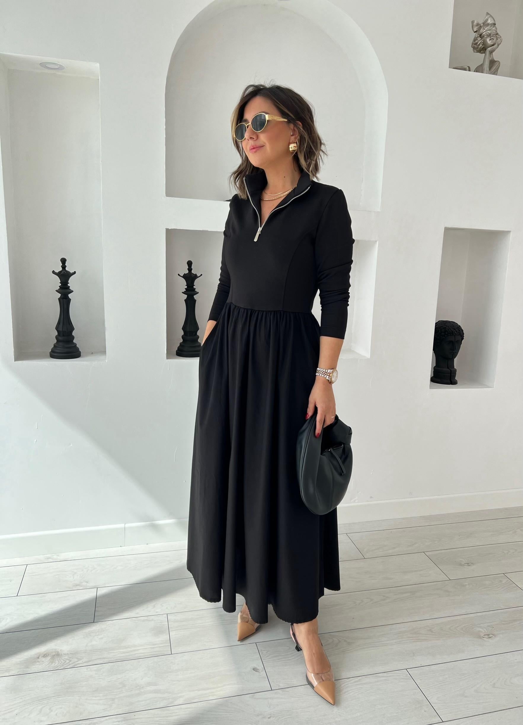 Ms Önü Fermuarlı Siyah Elbise