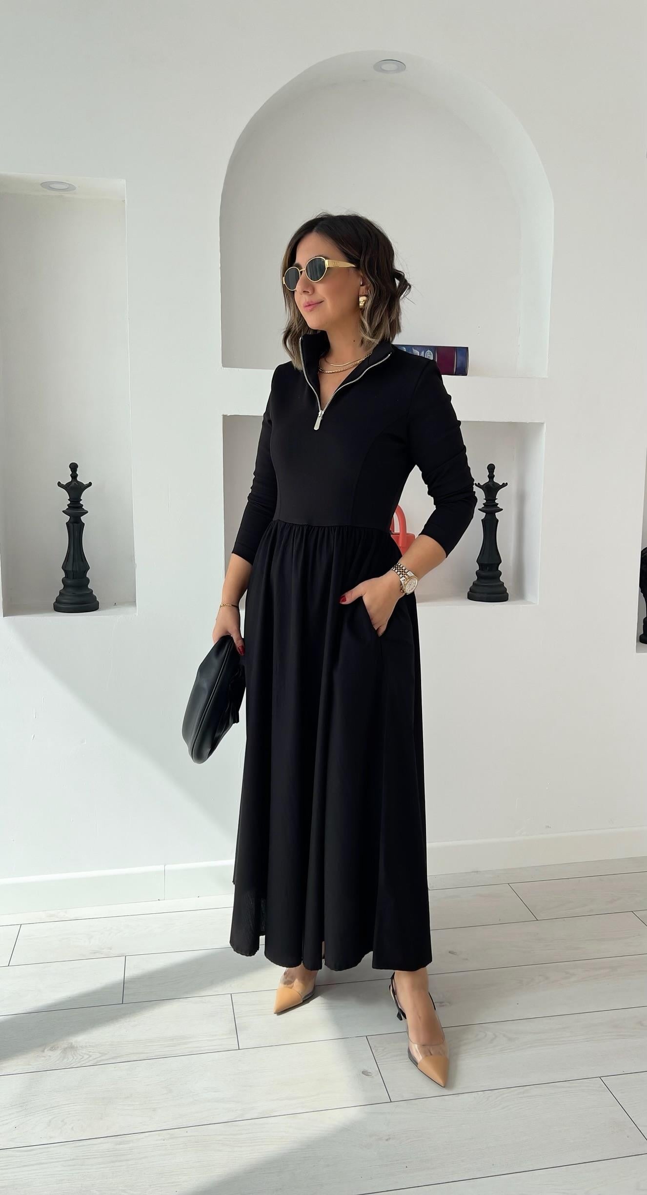 Ms Önü Fermuarlı Siyah Elbise