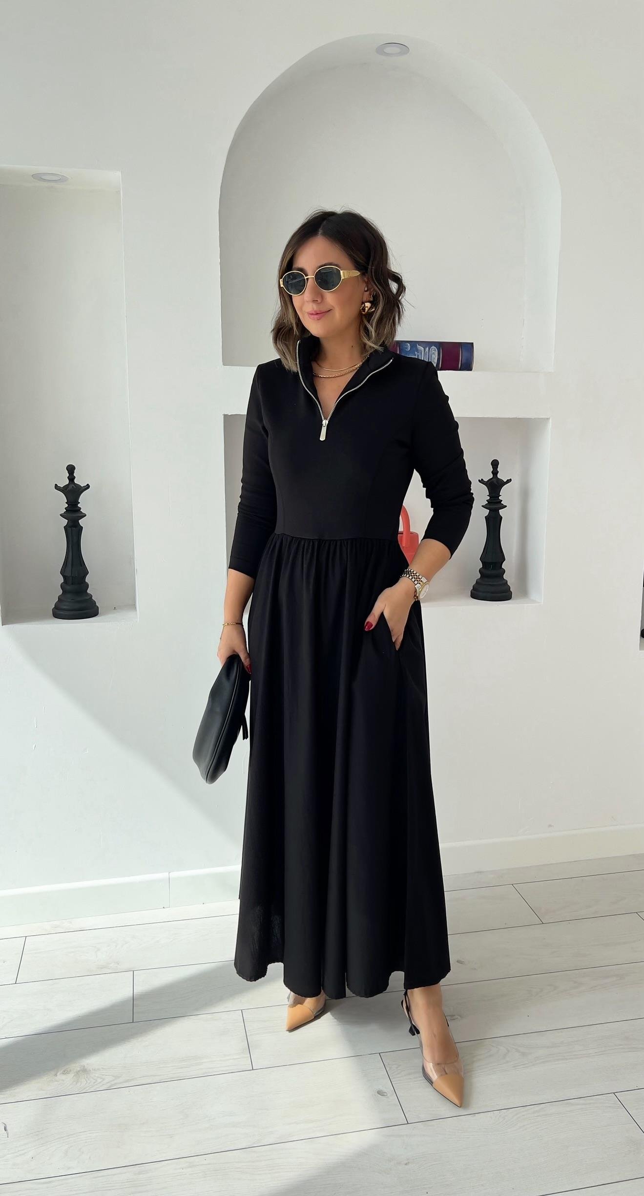 Ms Önü Fermuarlı Siyah Elbise