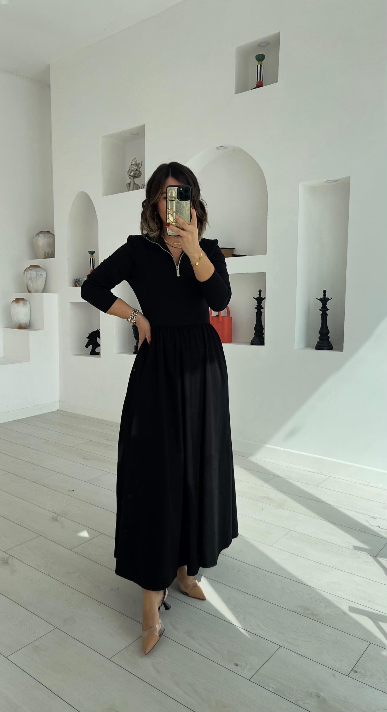 Ms Önü Fermuarlı Siyah Elbise