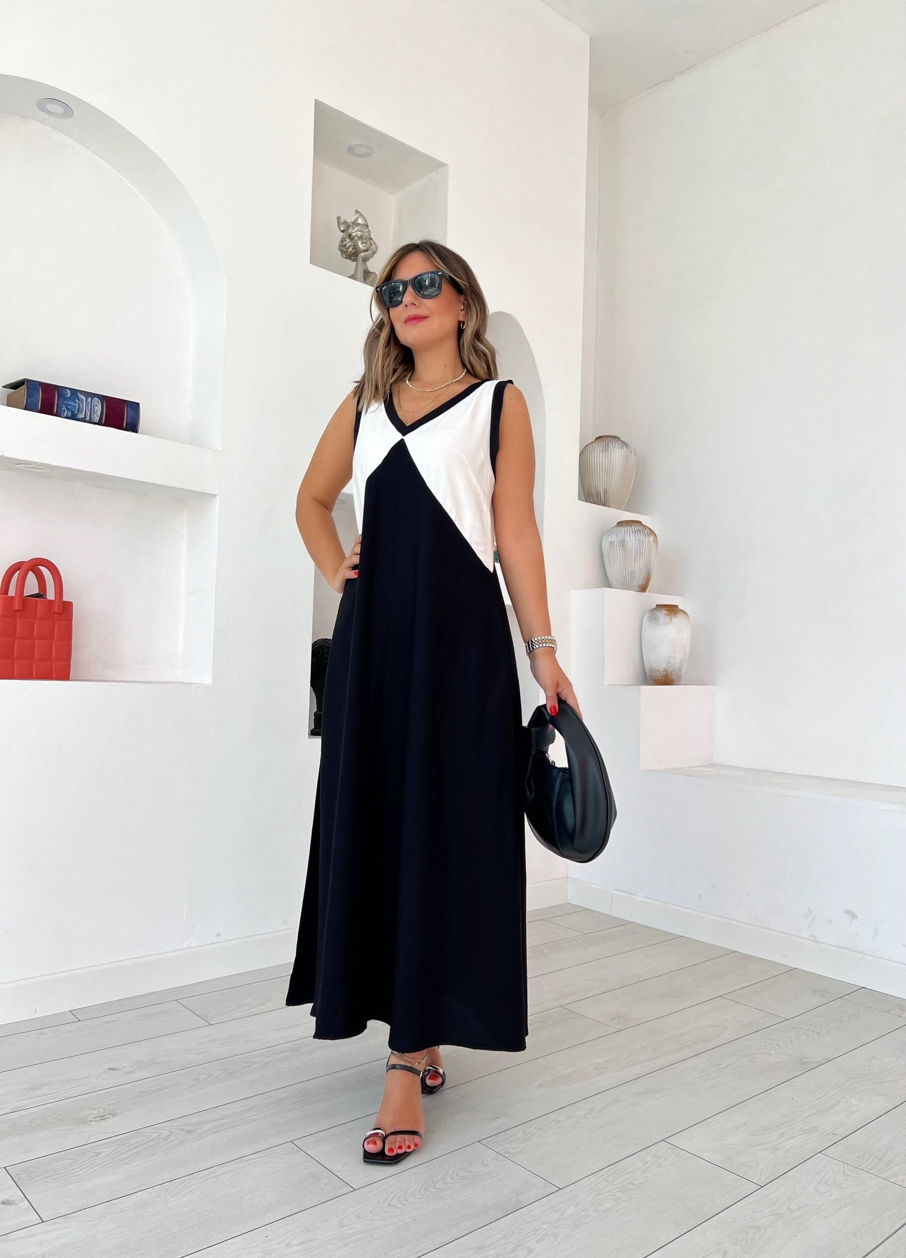 Ms Siyah Beyaz V Yaka Elbise