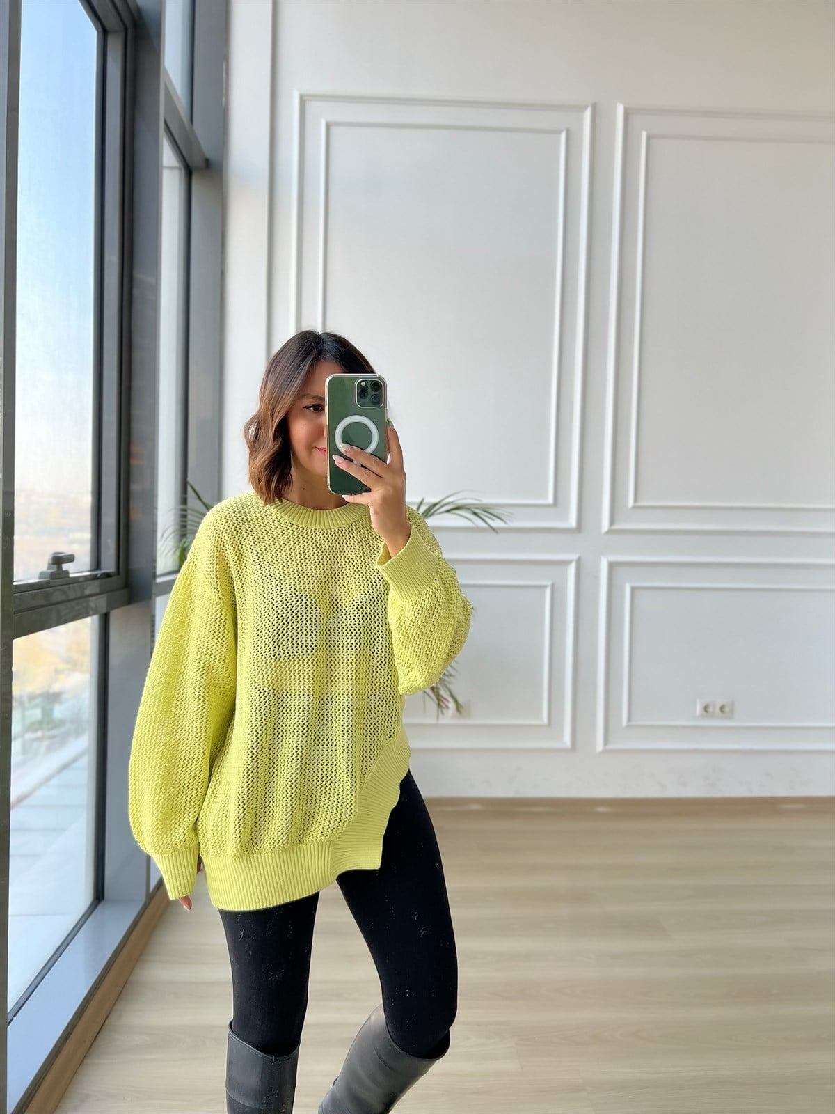 Neon Yeşili Delikli Triko