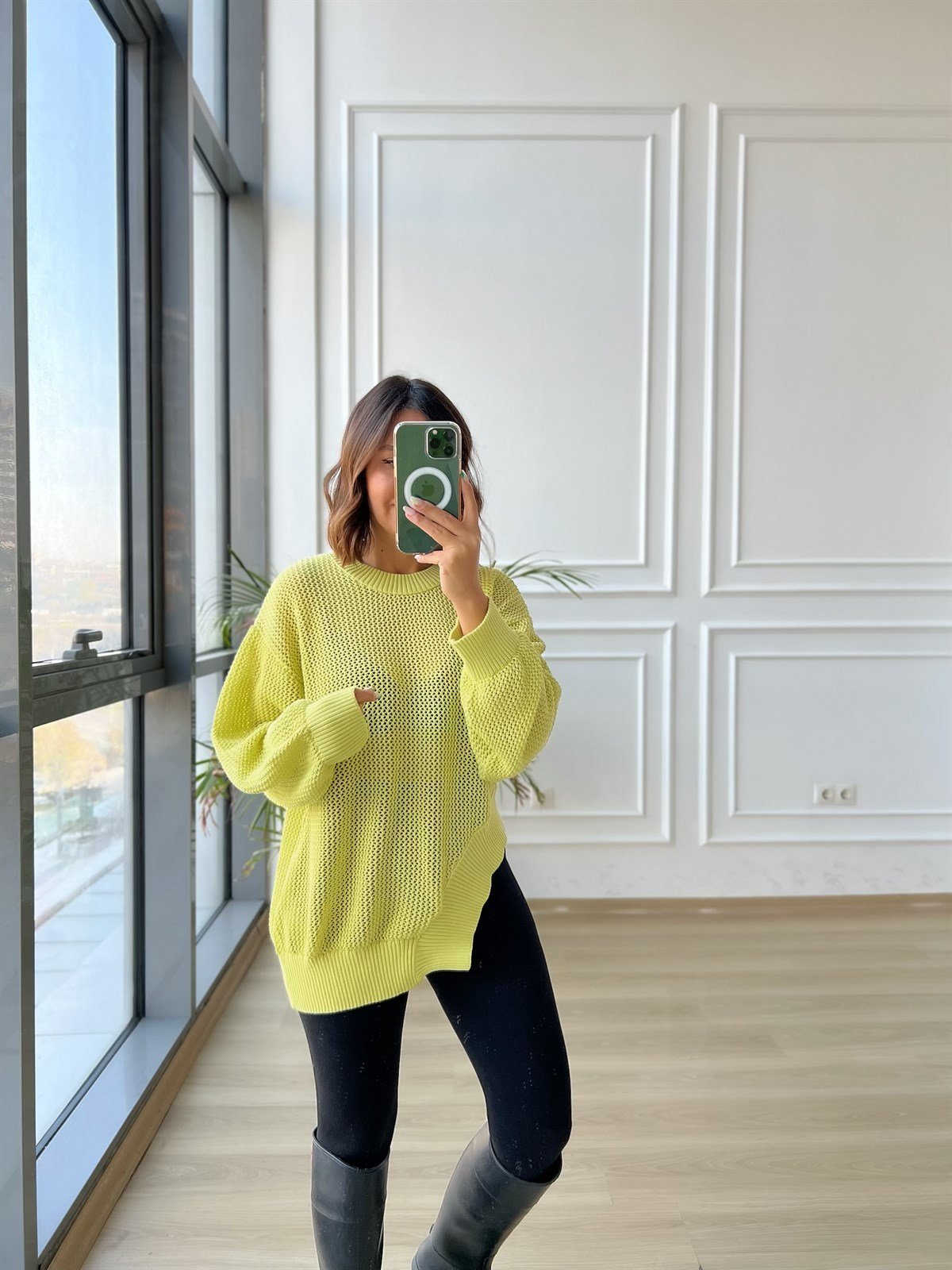 Neon Yeşili Delikli Triko