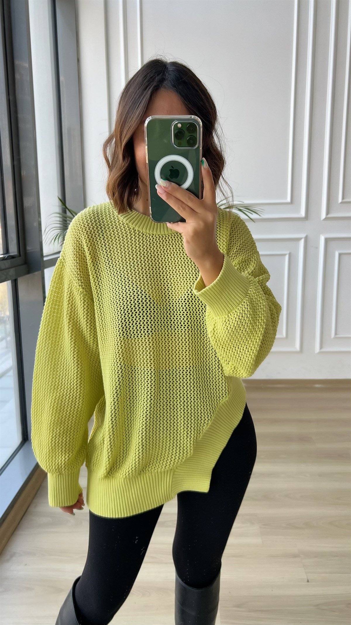Neon Yeşili Delikli Triko