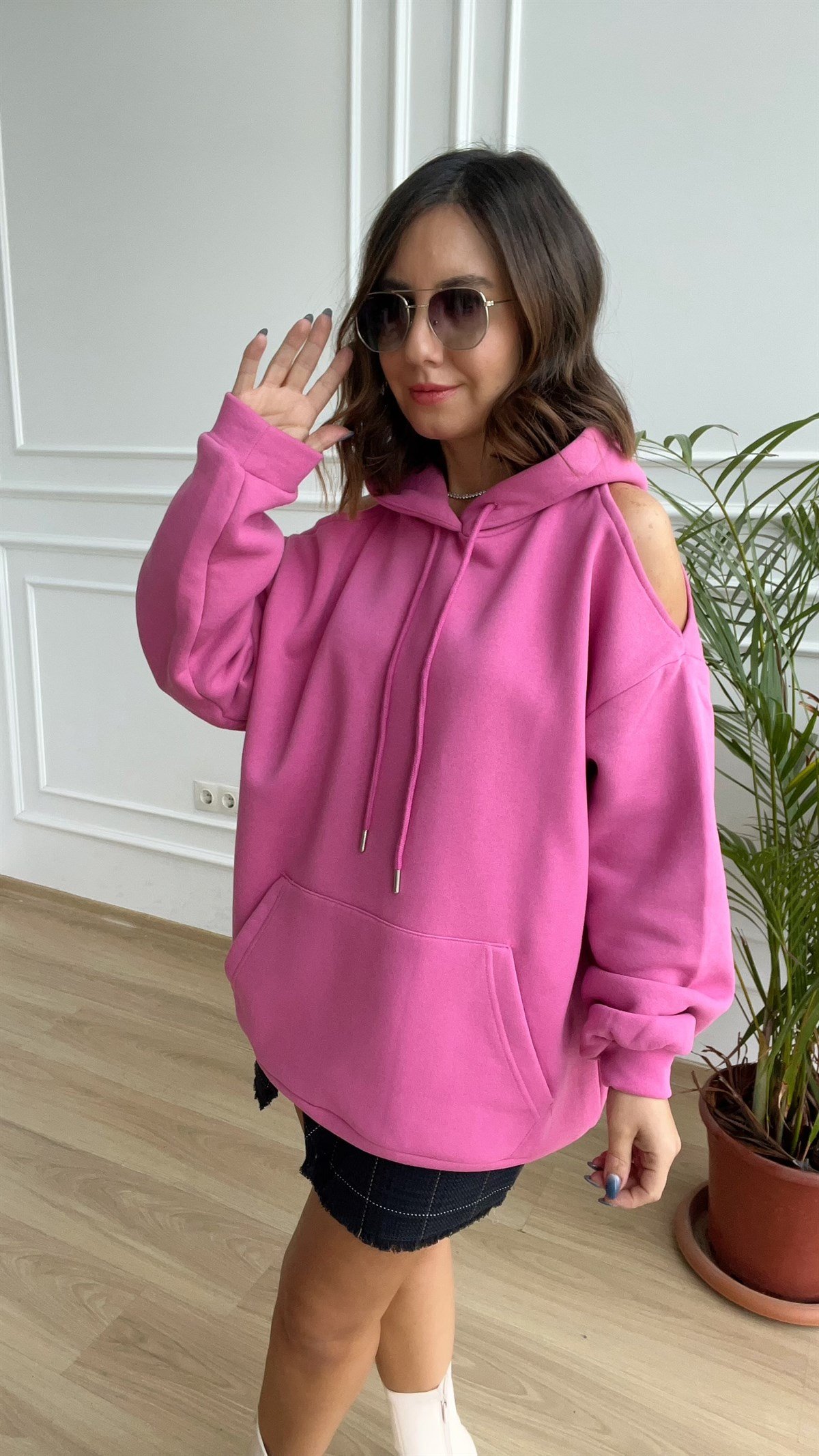 Omuz Dekolteli Pembe Sweat
