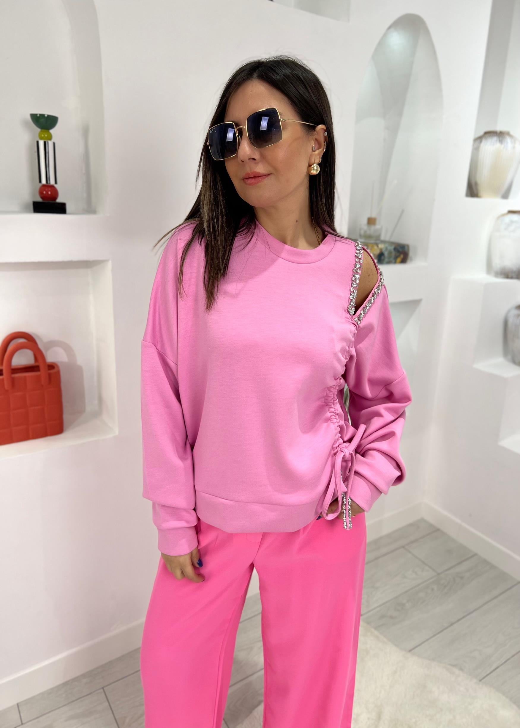 Omuz Dekolteli Pembe Taşlı Sweat