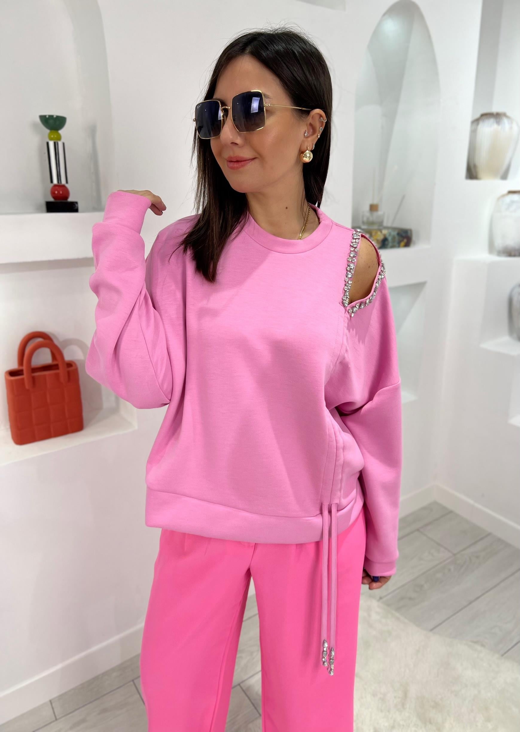 Omuz Dekolteli Pembe Taşlı Sweat