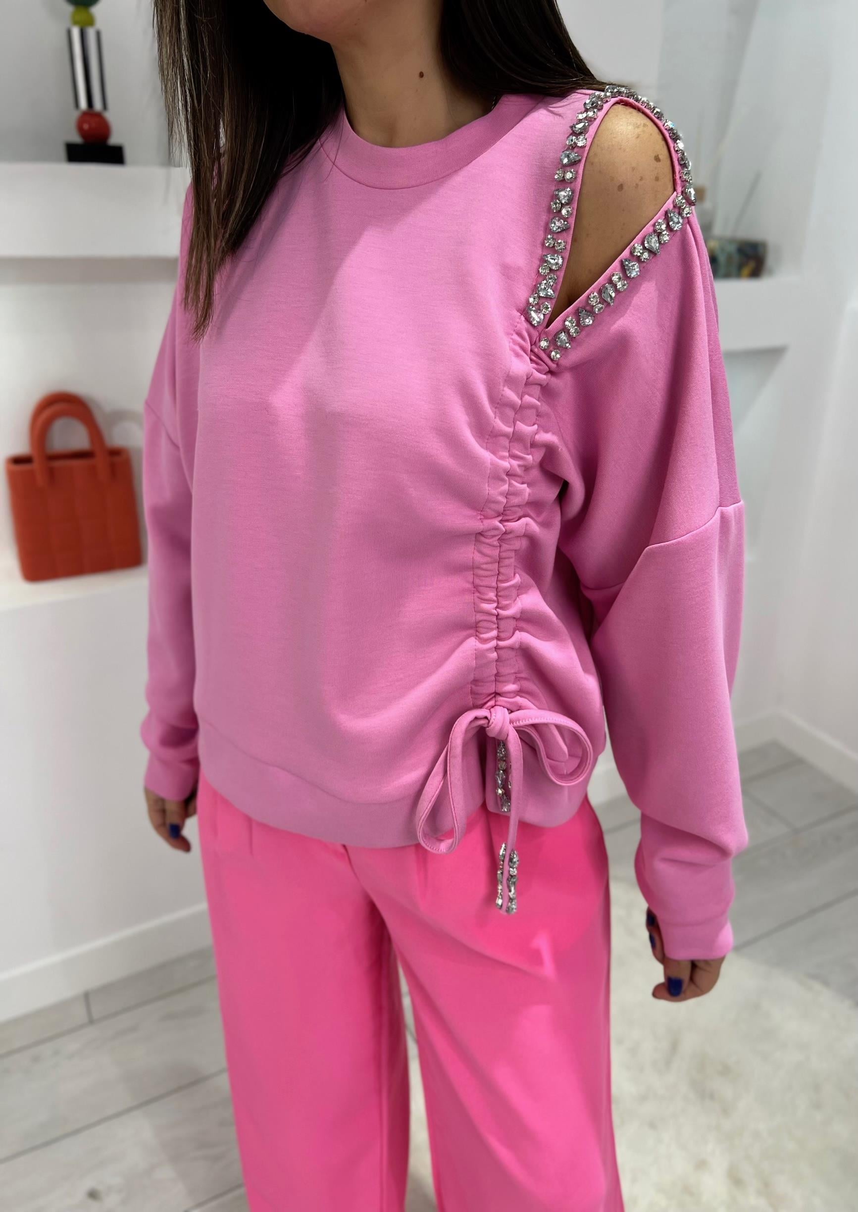Omuz Dekolteli Pembe Taşlı Sweat