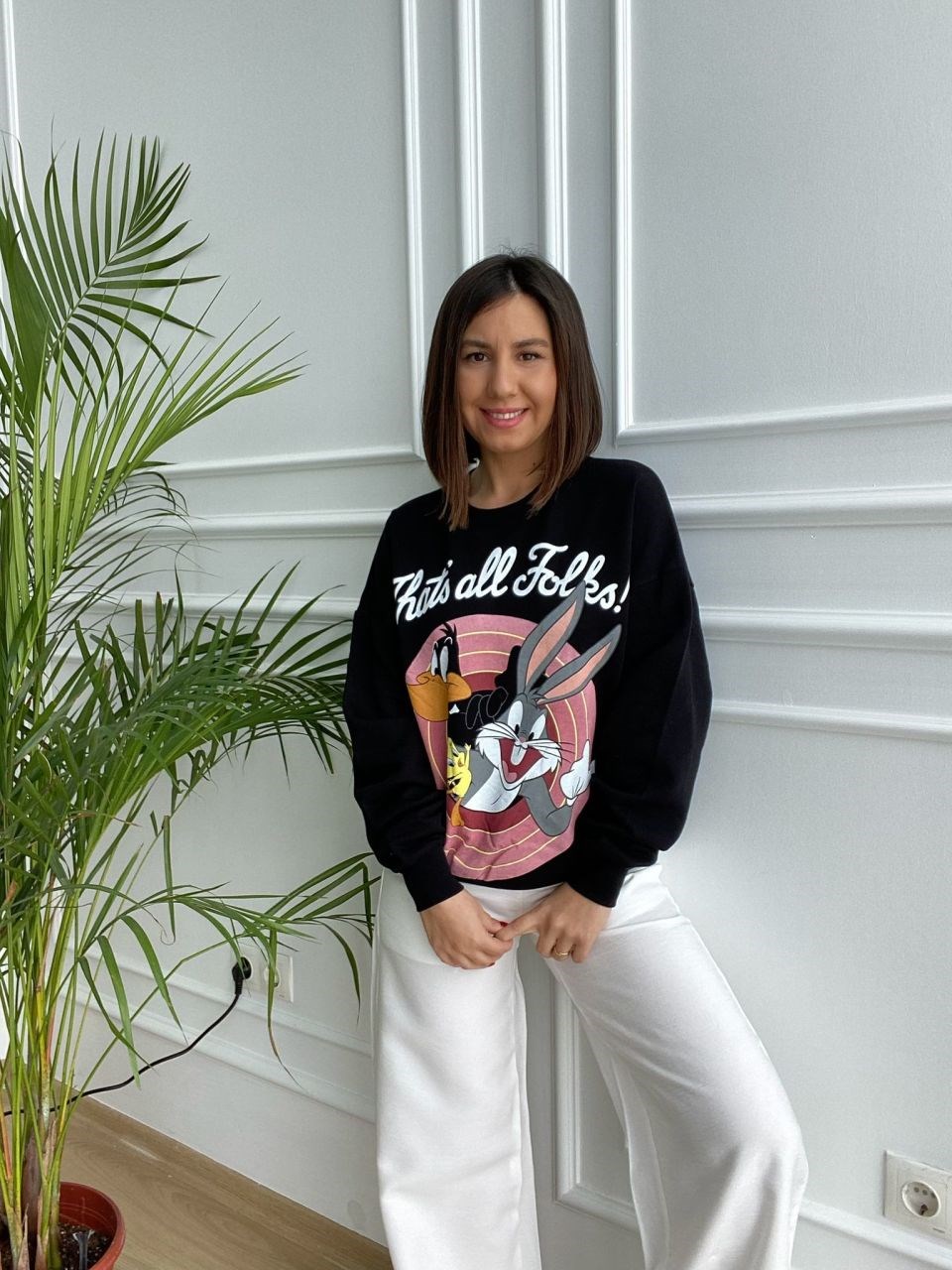 Önü Baskılı Siyah Sweatshirt