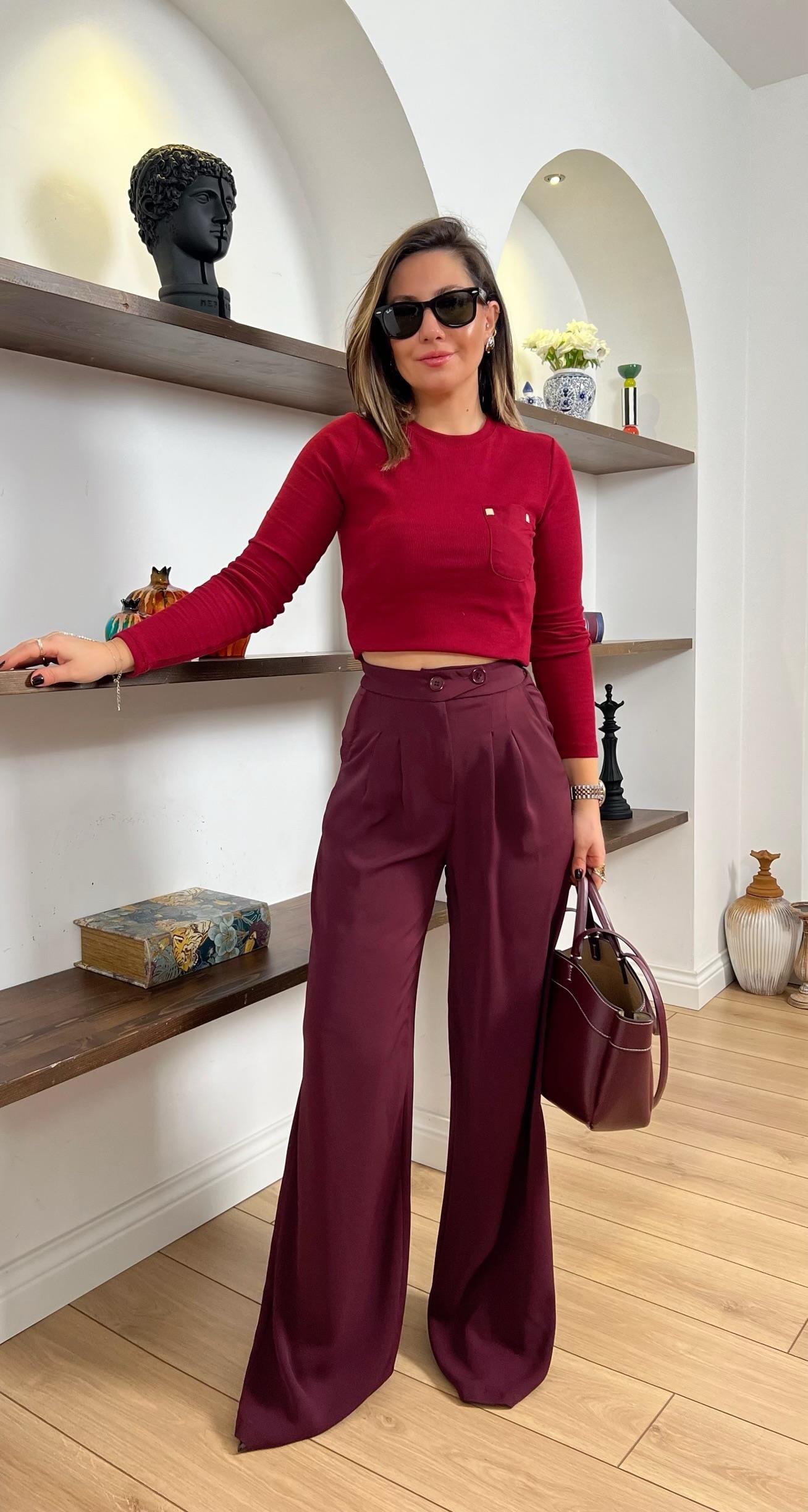 Önü Cepli Kaşkorse Bordo Bluz