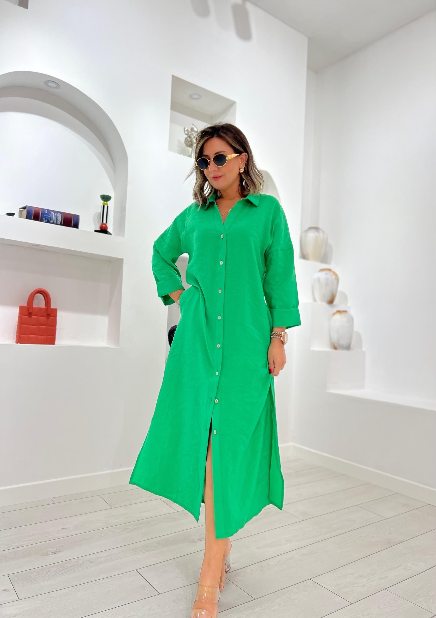 Önü Düğmeli Yeşil Tensel Elbise