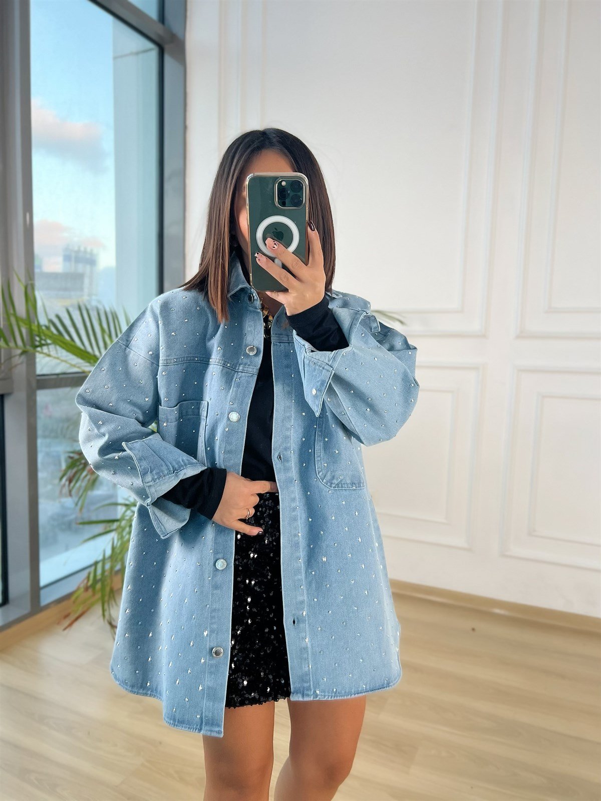 Oversize Taşlı Kot Gömlek