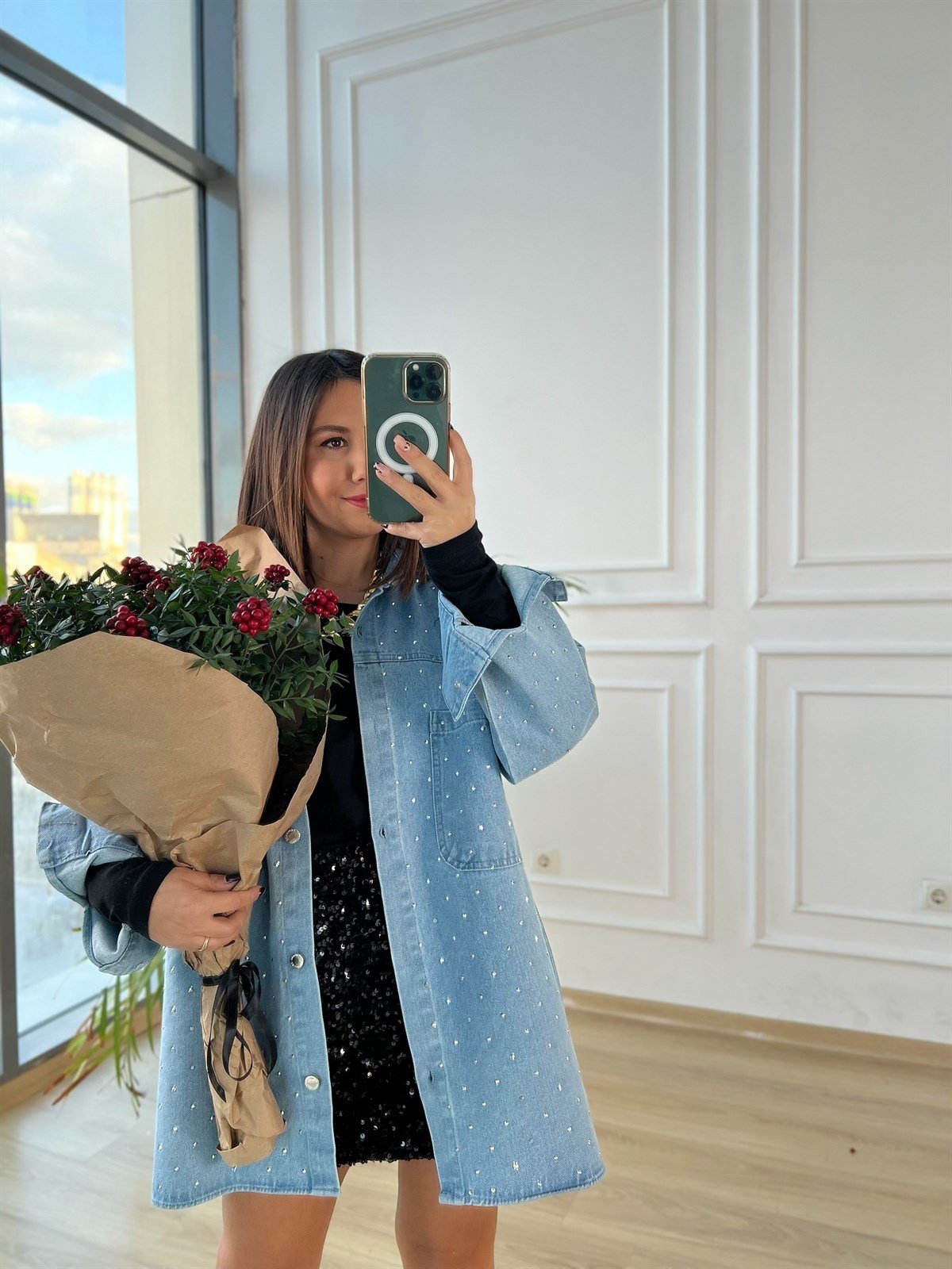 Oversize Taşlı Kot Gömlek
