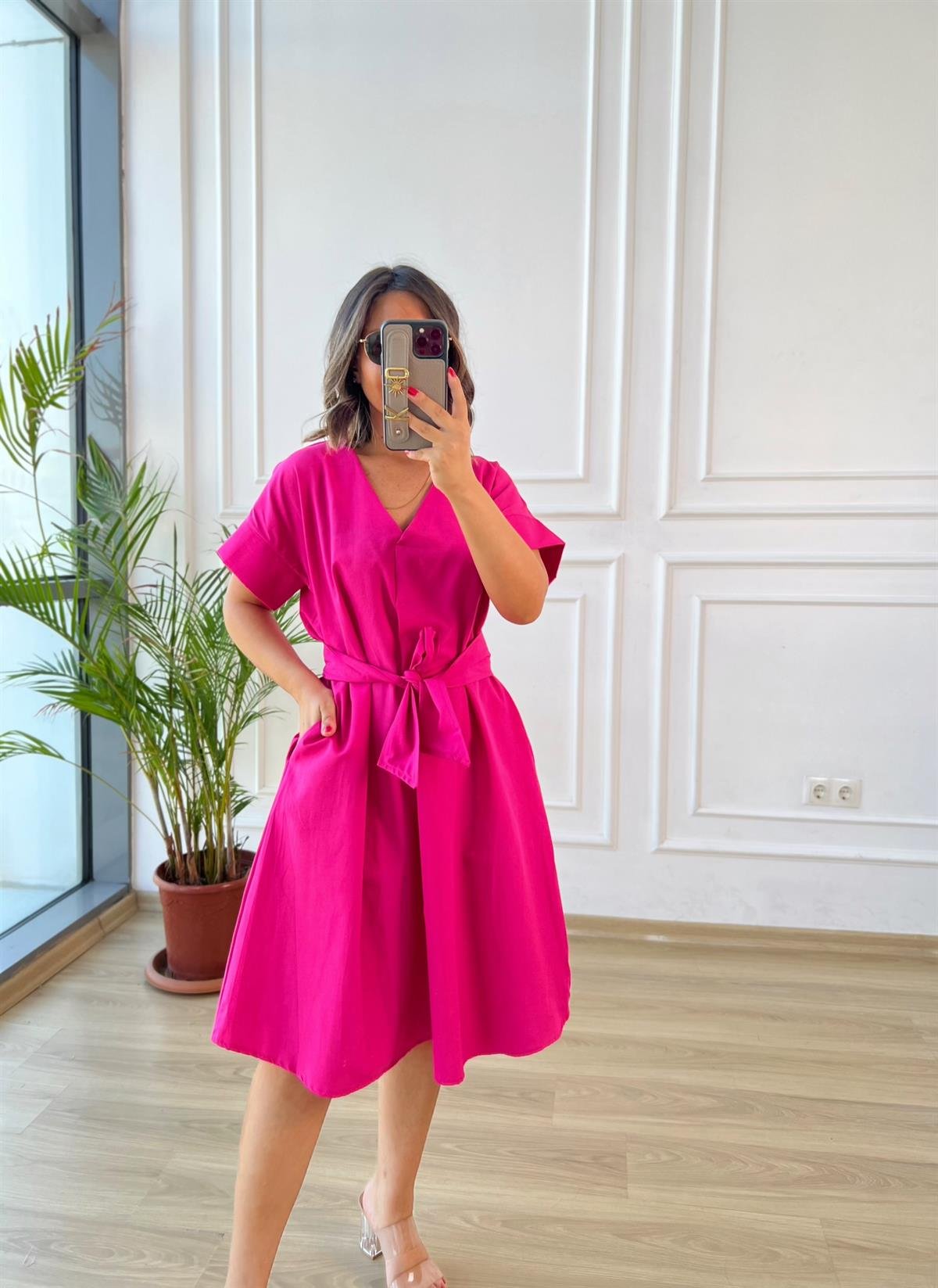 Pembe Beli Kuşaklı Poplin Elbise